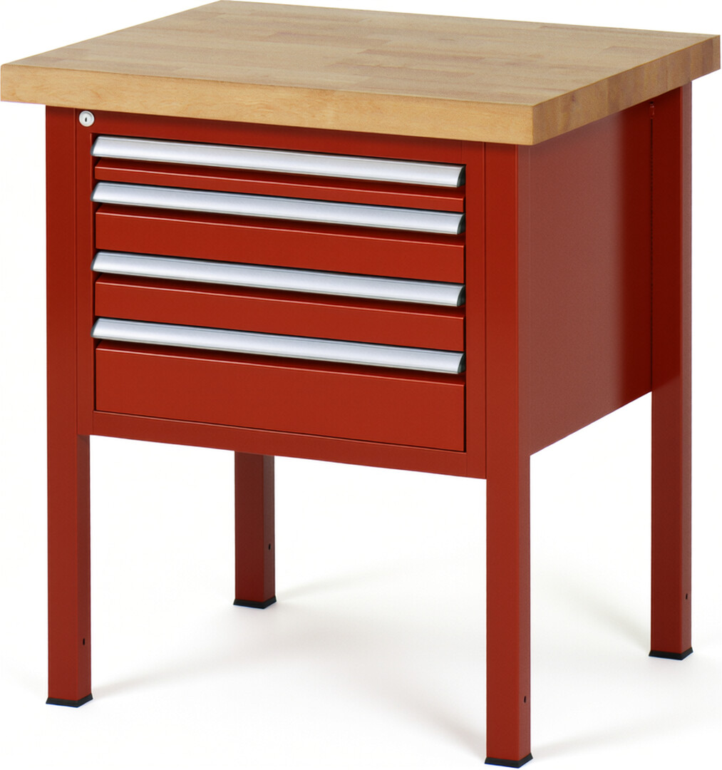 Werkbank Modell 8132 rot, BxTxH 750x700x840 mm,  Buche-Massiv Arbeitsplatte 40 mm,  4 Schubladen mit  Vollauszug 100 % und  SoftClosing