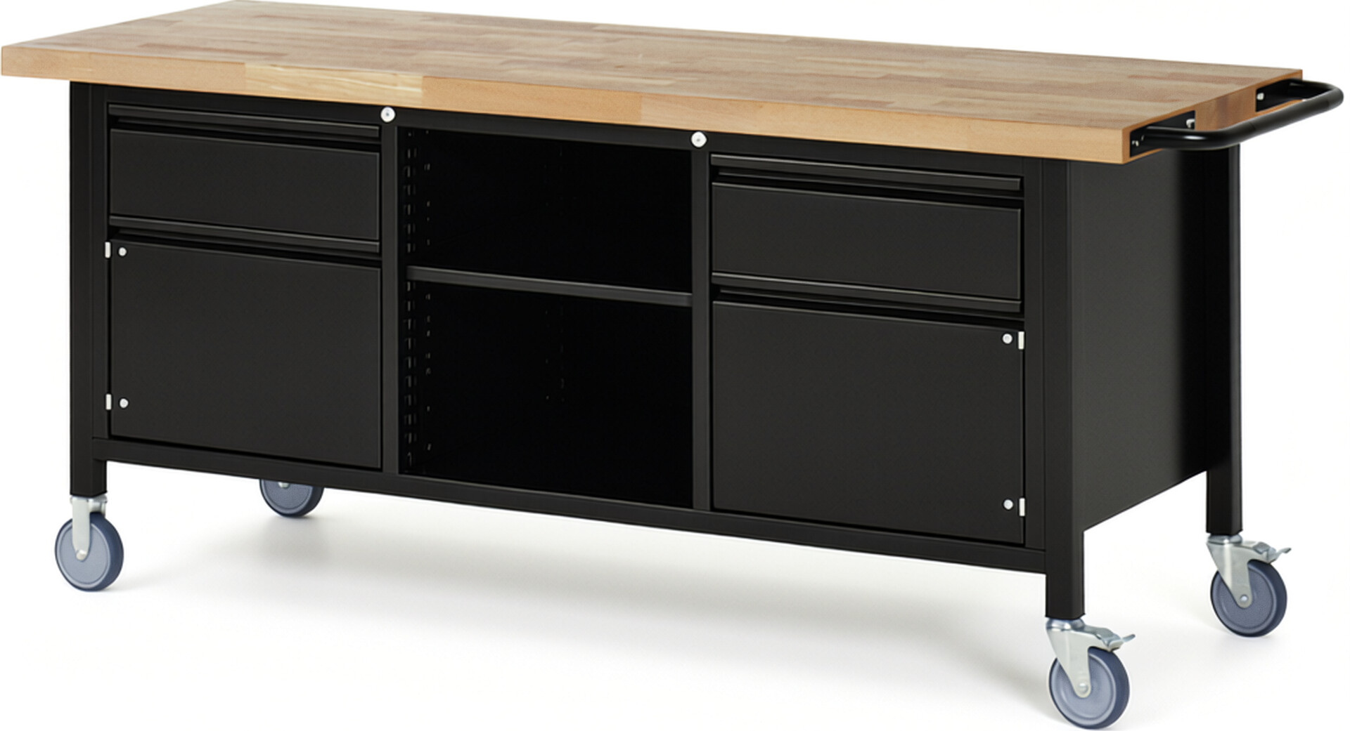 Fahrbare Werkbank - Modell 8561 BASIC schwarz, BxTxH 2000x700x880 mm,  Buche-Massiv Arbeitsplatte 40 mm,  2 Schubladen mit  Auszug 90 %