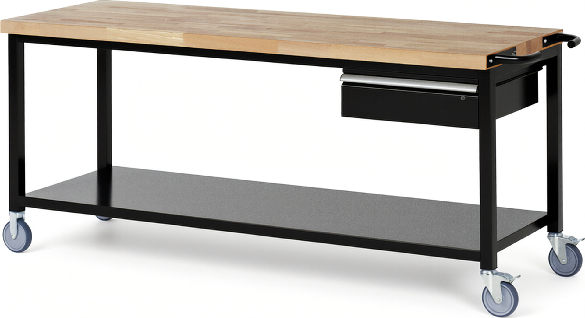 Fahrbare Werkbank Modell 8001 schwarz, BxTxH 2000x700x880-1080 mm,  Buche-Massiv Arbeitsplatte 40 mm,  1 Schublade mit  Auszug 90 %