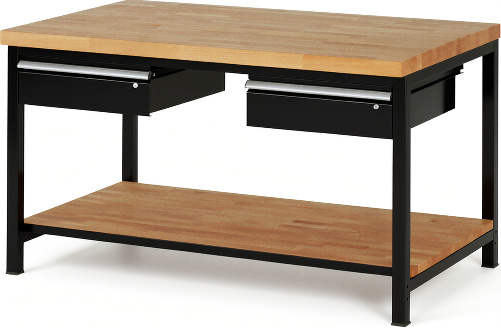 Werkbank Modell 8002 schwarz, BxTxH 1500x900x840-1040 mm,  Buche-Massiv Arbeitsplatte 40 mm,  2 Schubladen mit  Auszug 90 %
