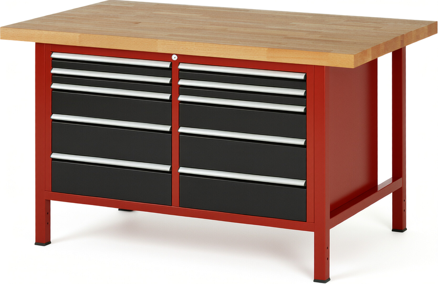 Werkbank Modell 8480 rot - schwarz, BxTxH 1500x900x840 mm,  Buche-Massiv Arbeitsplatte 40 mm,  10 Schubladen mit  Vollauszug 100 % und  SoftClosing