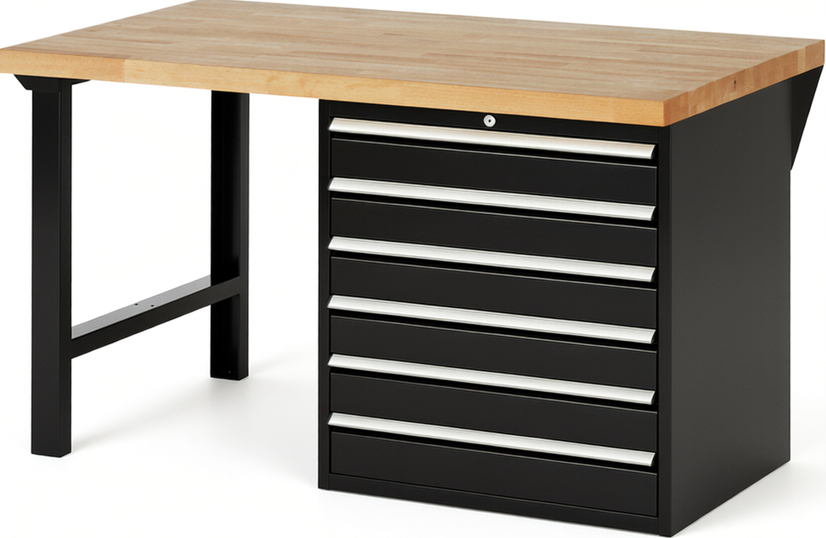 Werkbank Modell 7616 schwarz, BxTxH 1500x900x840 mm,  Buche-Massiv Arbeitsplatte 40 mm,  6 Schubladen mit  Auszug 90 %