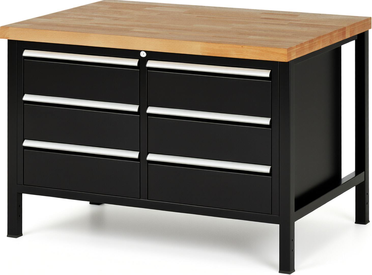 Werkbank Modell 8473 schwarz, BxTxH 1250x900x840-1040 mm,  Buche-Massiv Arbeitsplatte 40 mm,  6 Schubladen mit  Auszug 90 %