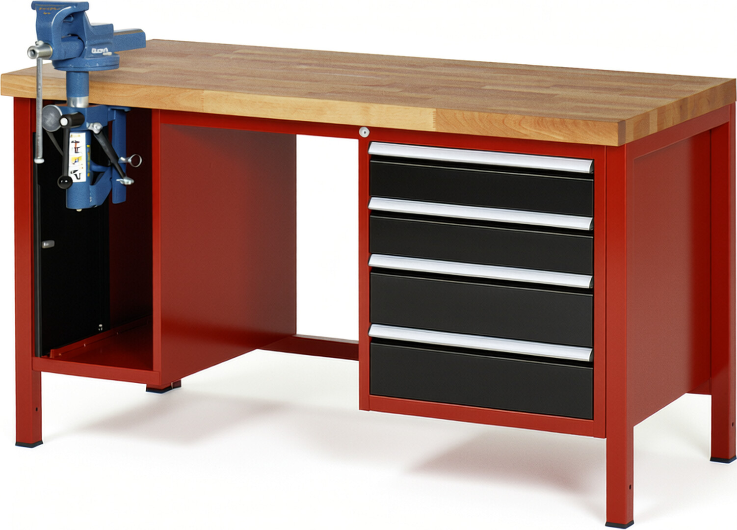 Werkbank Modell 8185 rot - schwarz, BxTxH 1500x700x840-1040 mm,  Buche-Massiv Arbeitsplatte 40 mm,  4 Schubladen mit  Auszug 90 %