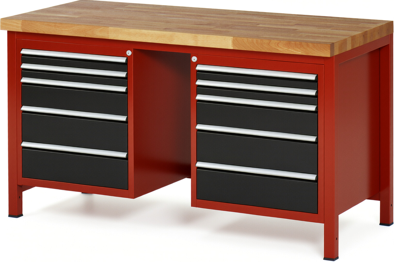 Werkbank Modell 8184 rot - schwarz, BxTxH 1500x700x840 mm,  Buche-Massiv Arbeitsplatte 40 mm,  10 Schubladen mit  Vollauszug 100 % und  SoftClosing