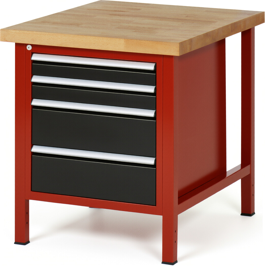 Werkbank Modell 8161 rot - schwarz, BxTxH 750x900x840 mm,  Buche-Massiv Arbeitsplatte 40 mm,  4 Schubladen mit  Vollauszug 100 % und  SoftClosing