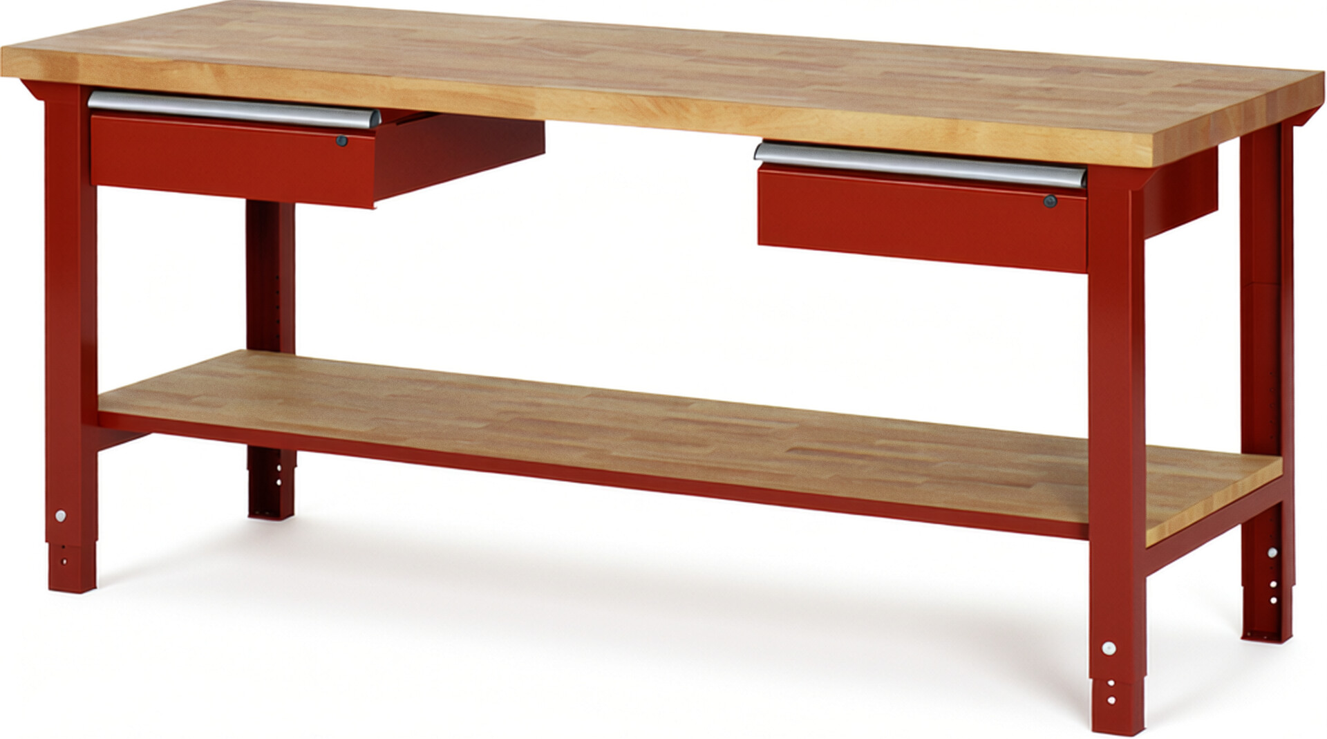 Werkbank Modell 7002 rot, BxTxH 2000x700x790-1140 mm,  Buche-Massiv Arbeitsplatte 40 mm,  2 Schubladen mit  Auszug 90 %