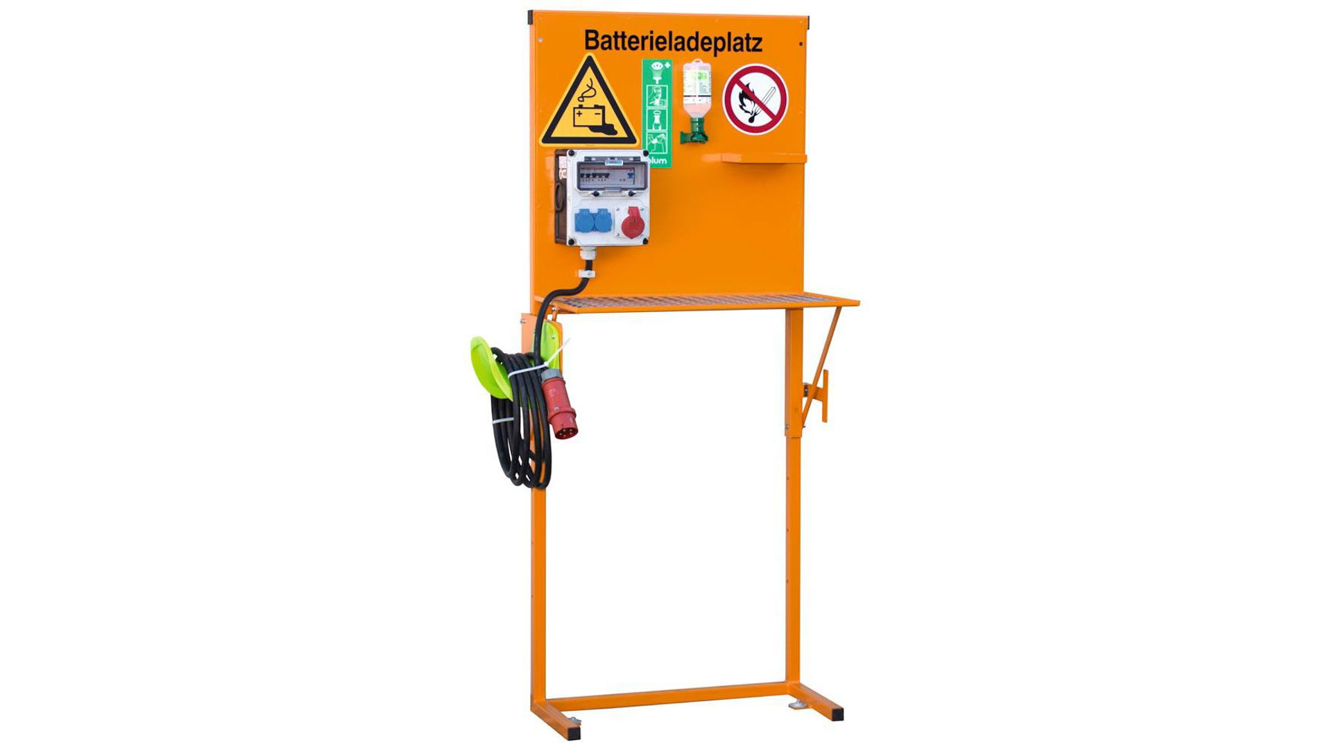 Batterieladeplatz, BxTxH 915x445x1945 mm, CEEform-Steckdose 16A, 400V, RAL 2000 orange