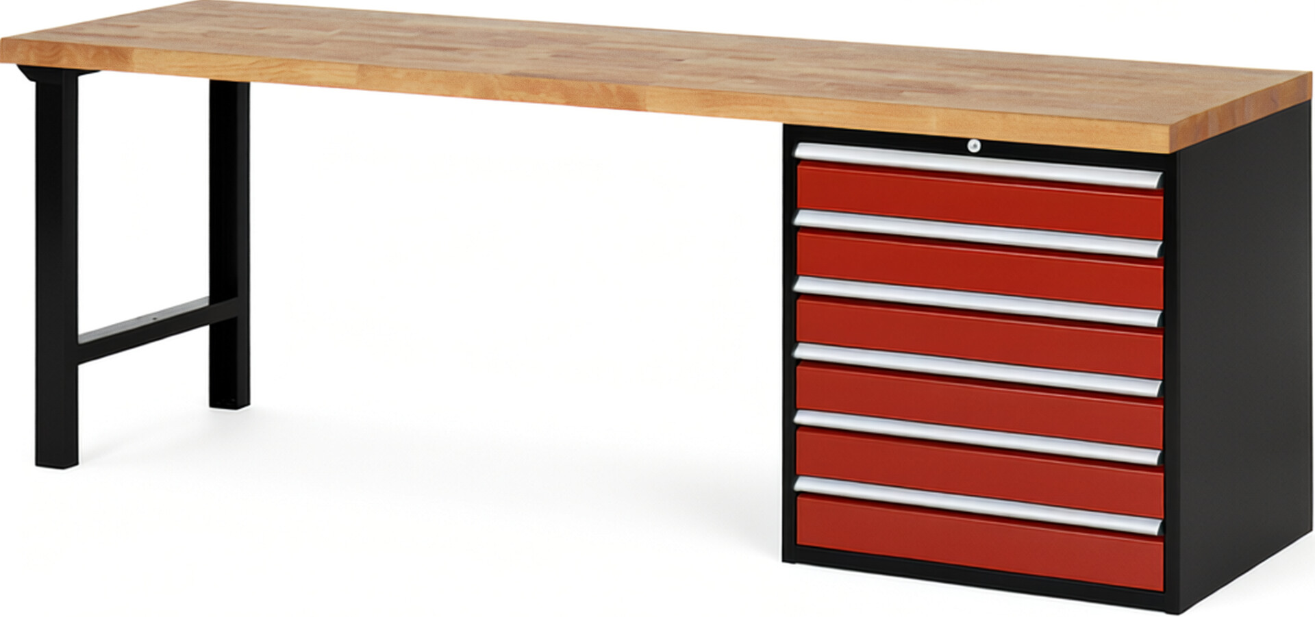 RAU Werkbank schwarz - rot - Breite 250 cm - Tiefe 70 cm - Höhe 84 cm - Buche-Massiv Arbeitsplatte 40 mm