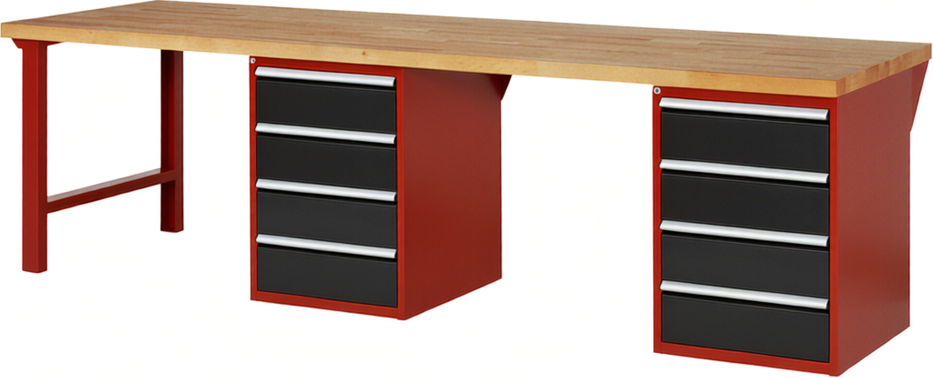 Werkbank Modell 7509 rot - schwarz, BxTxH 3000x900x890 mm,  Buche-Massiv Arbeitsplatte 40 mm,  8 Schubladen mit  Auszug 90 %