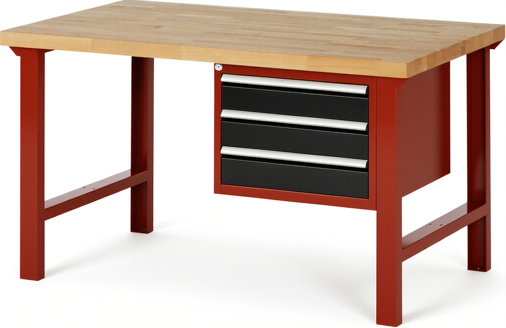 Werkbank Modell 7127 rot - schwarz, BxTxH 1500x900x840 mm,  Buche-Massiv Arbeitsplatte 40 mm,  3 Schubladen mit  Auszug 90 %
