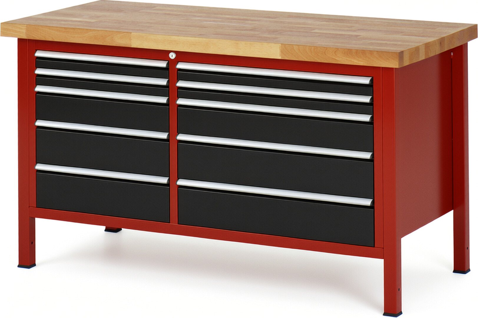 Werkbank Modell 8656 rot - schwarz, BxTxH 1500x700x840-1040 mm,  Buche-Massiv Arbeitsplatte 40 mm,  10 Schubladen mit  Auszug 90 %