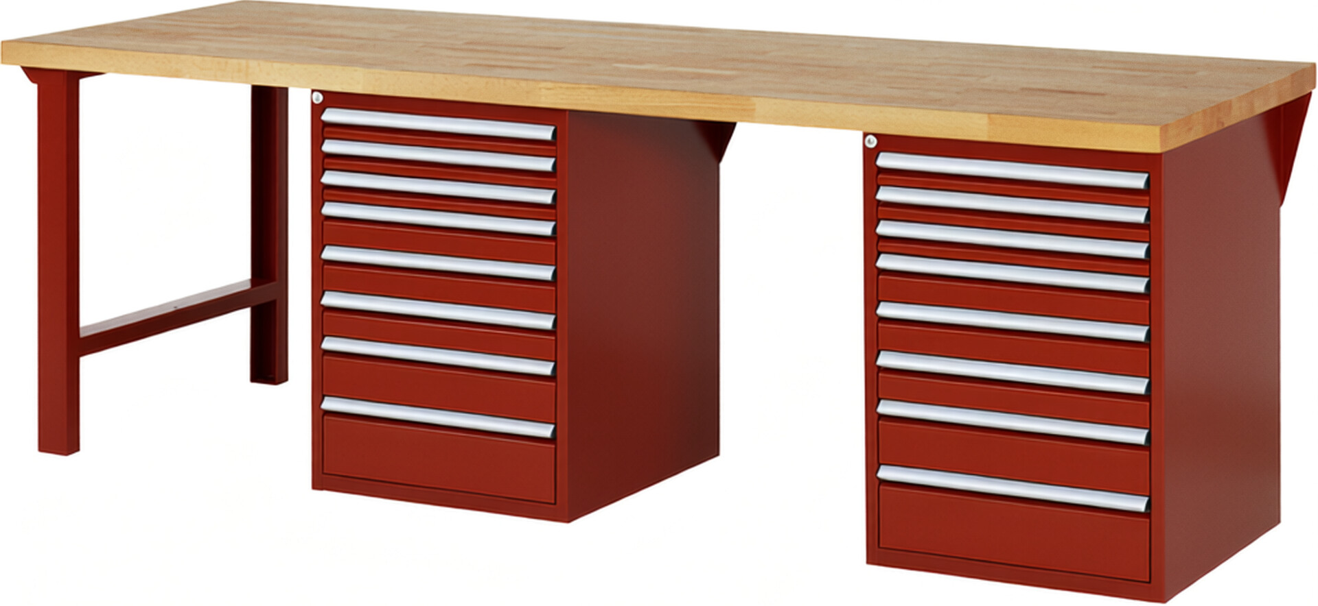 Werkbank Modell 7519 rot, BxTxH 2500x900x890 mm,  Buche-Massiv Arbeitsplatte 40 mm,  16 Schubladen mit  Vollauszug 100 % und  SoftClosing