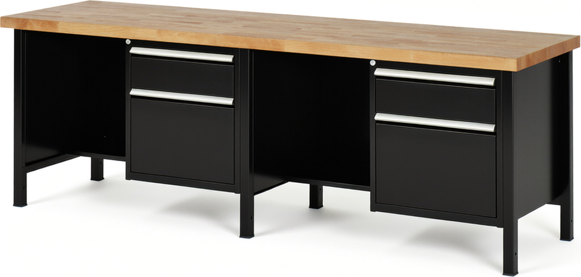 Werkbank Modell 8451 schwarz, BxTxH 2500x700x840-1040 mm,  Buche-Massiv Arbeitsplatte 40 mm,  4 Schubladen mit  Auszug 90 %