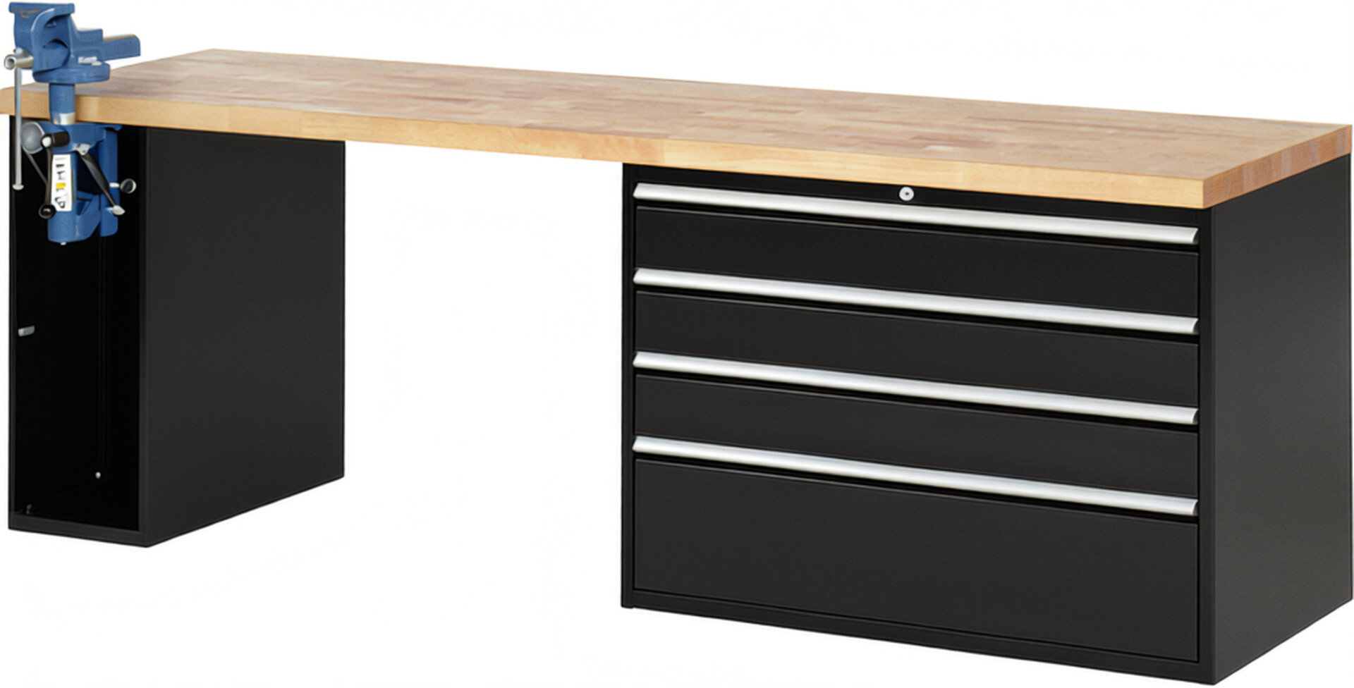 Werkbank Modell 7710 schwarz, BxTxH 2500x700x840 mm,  Buche-Massiv Arbeitsplatte 40 mm,  4 Schubladen mit  Auszug 90 %