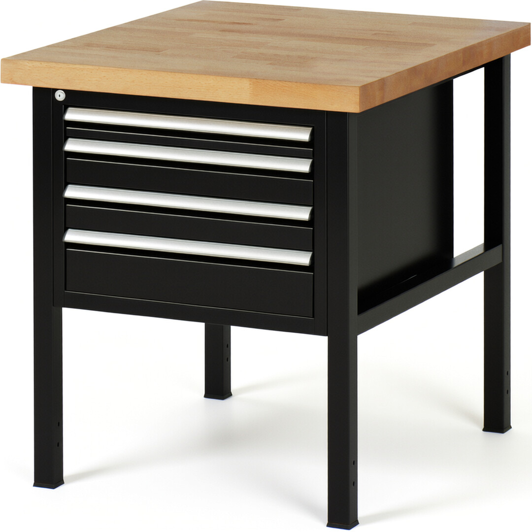 Werkbank Modell 8132 schwarz, BxTxH 750x900x840 mm,  Buche-Massiv Arbeitsplatte 40 mm,  4 Schubladen mit  Auszug 90 %