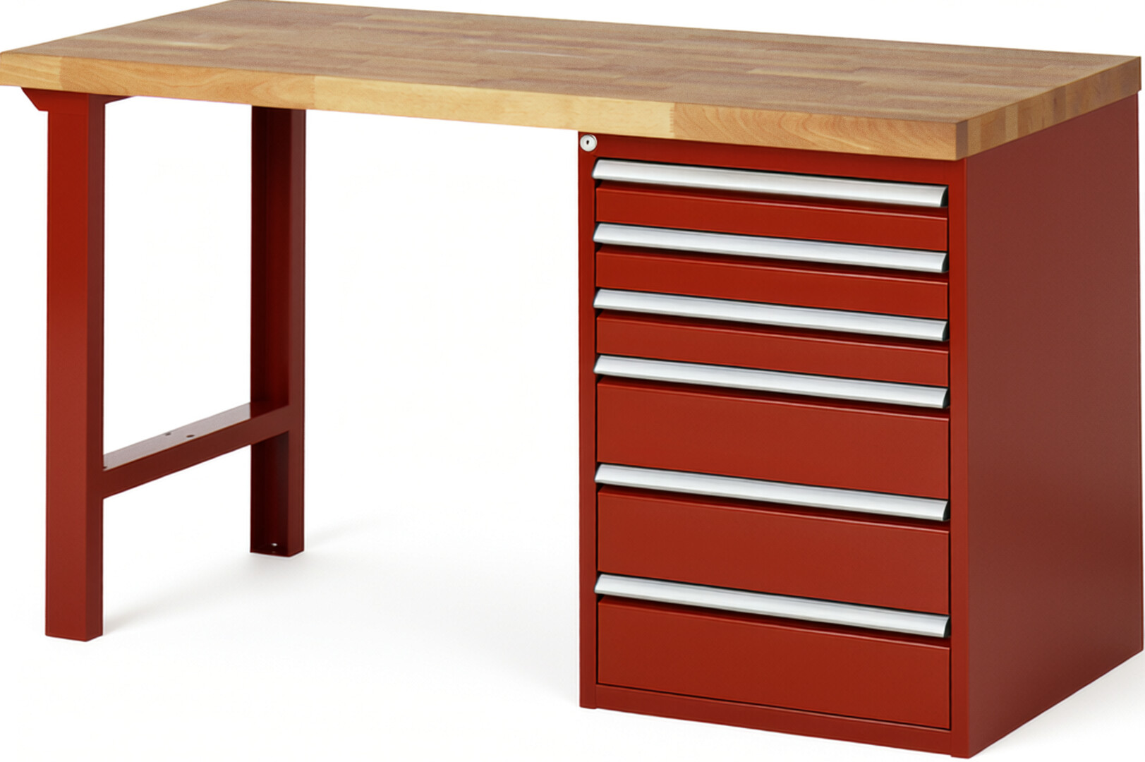 Werkbank Modell 7515 rot, BxTxH 1500x700x890 mm,  Buche-Massiv Arbeitsplatte 40 mm,  6 Schubladen mit  Auszug 90 %