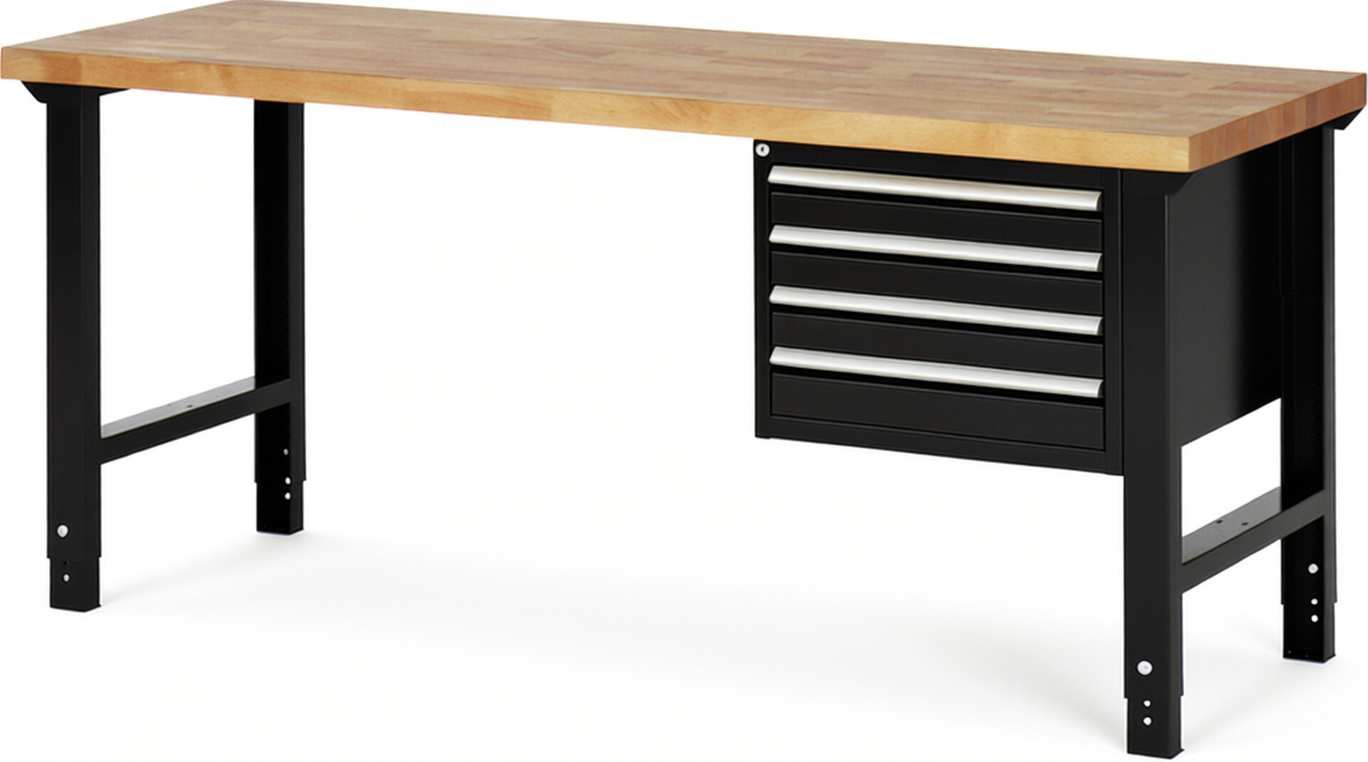 Werkbank Modell 7133 schwarz, BxTxH 2000x700x790-1140 mm,  Buche-Massiv Arbeitsplatte 40 mm,  4 Schubladen mit  Auszug 90 %