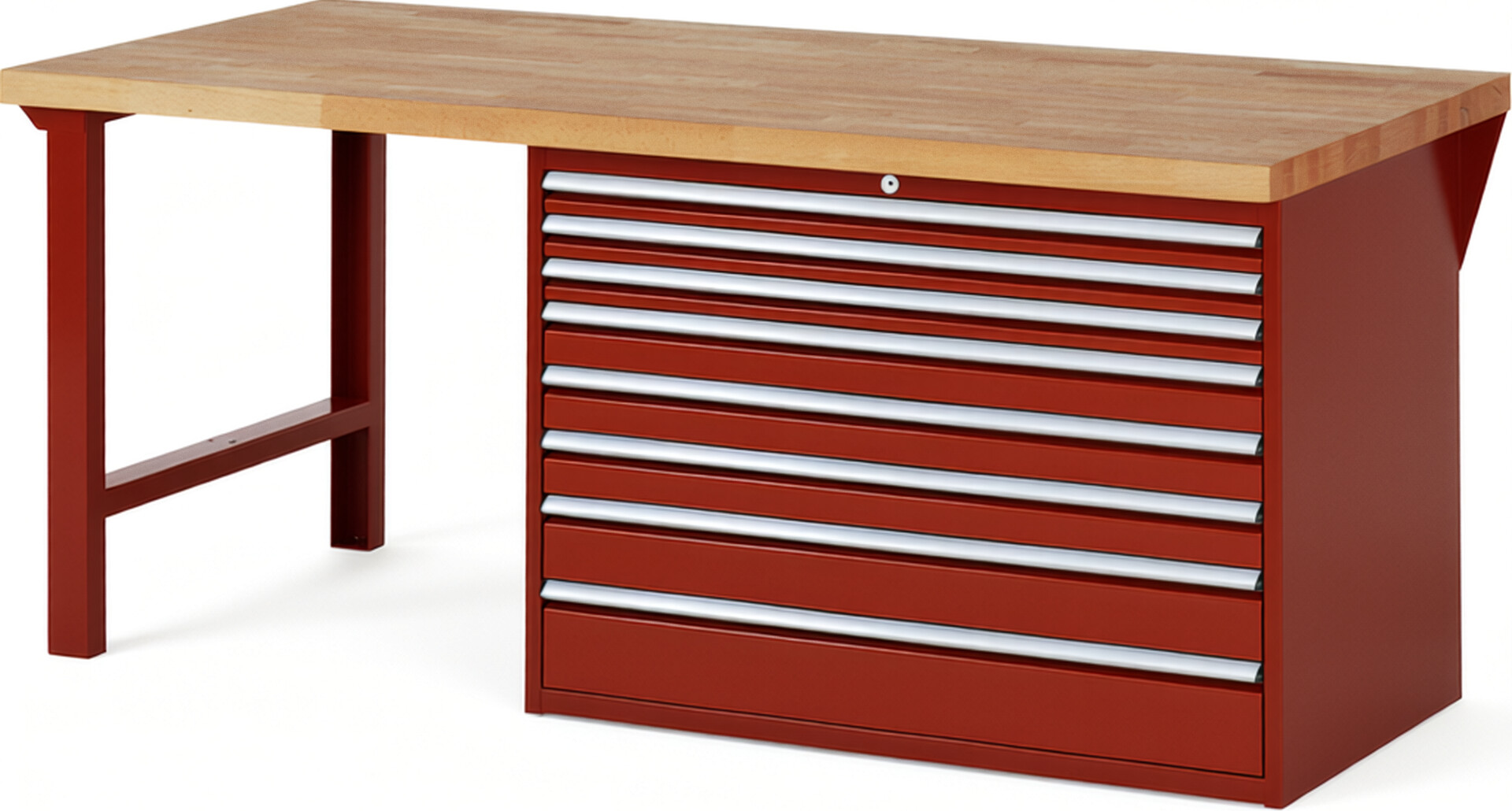 Werkbank Modell 7719 rot, BxTxH 2000x900x840 mm,  Buche-Massiv Arbeitsplatte 40 mm,  8 Schubladen mit  Vollauszug 100 % und  SoftClosing