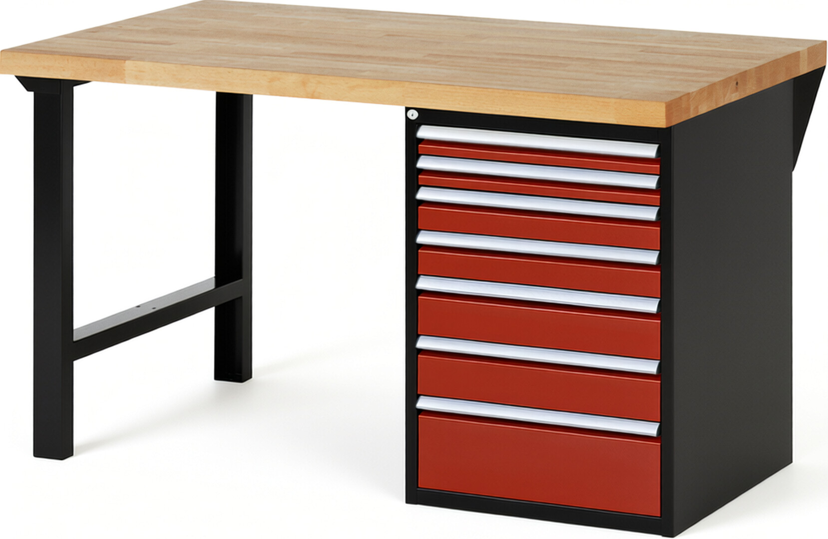RAU Werkbank schwarz - rot - Breite 150 cm - Tiefe 90 cm - Höhe 89 cm - Buche-Massiv Arbeitsplatte 40 mm