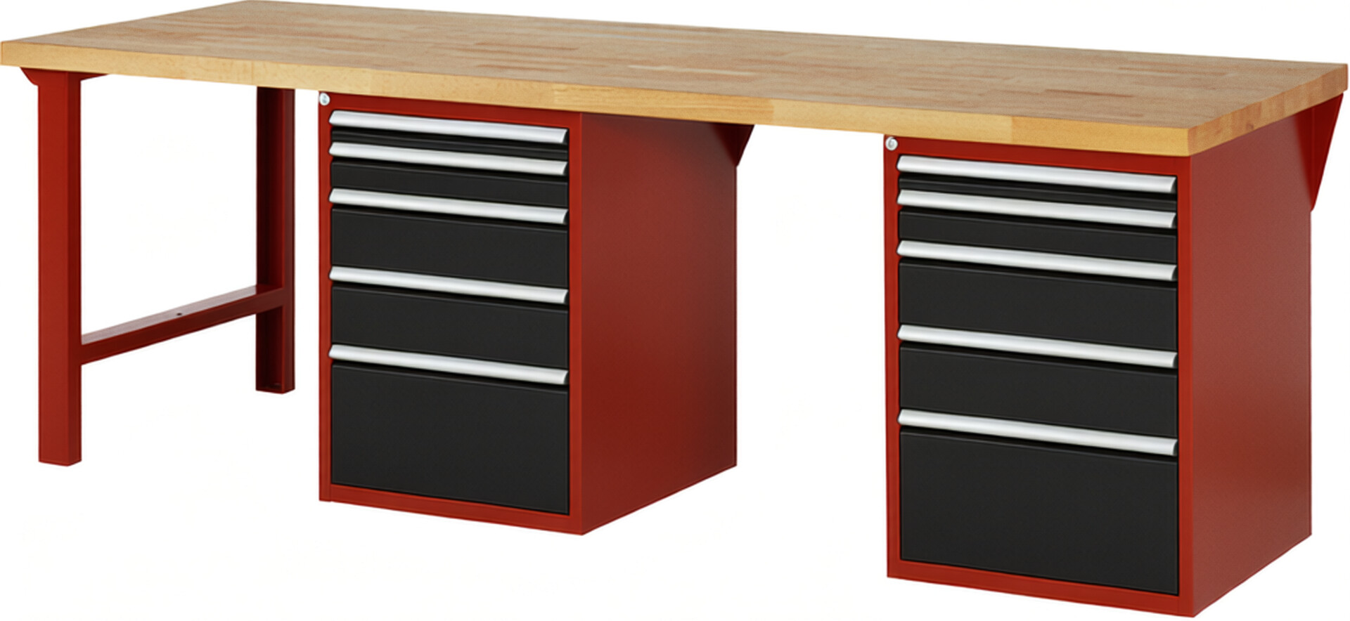 Werkbank Modell 7511 rot - schwarz, BxTxH 2500x900x890 mm,  Buche-Massiv Arbeitsplatte 40 mm,  10 Schubladen mit  Auszug 90 %