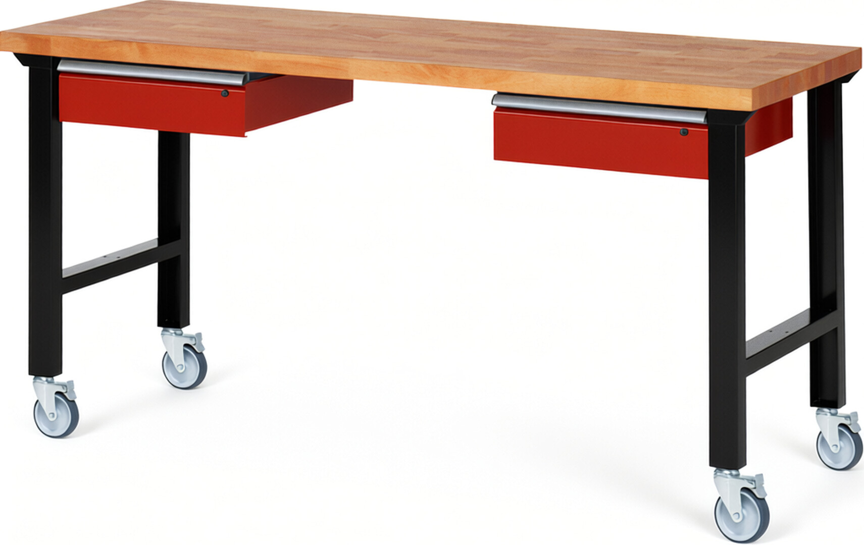 RAU Werkbank schwarz - rot - Breite 200 cm - Tiefe 70 cm - Höhe 100 cm - Buche-Massiv Arbeitsplatte 40 mm