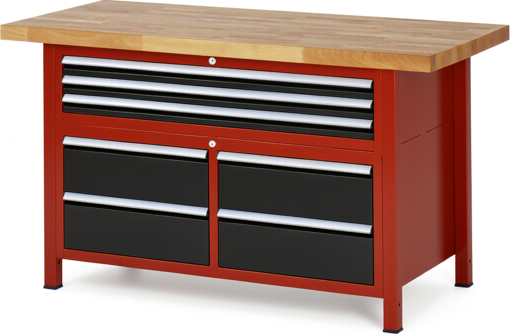 Werkbank Modell 8924 rot - schwarz, BxTxH 1500x700x840 mm,  Buche-Massiv Arbeitsplatte 40 mm,  7 Schubladen mit  Vollauszug 100 % und  SoftClosing