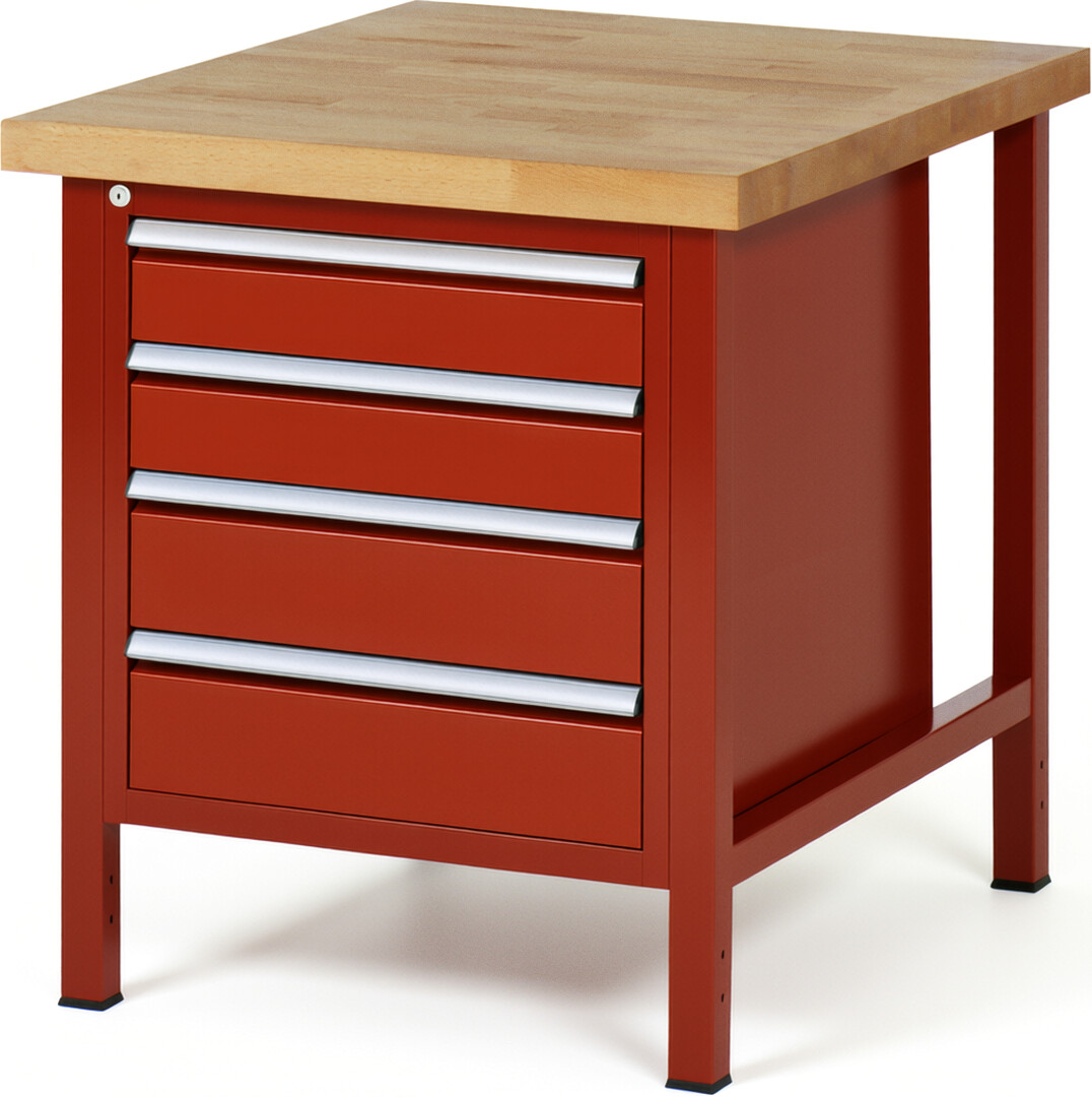 Werkbank Modell 8162 rot, BxTxH 750x900x840-1040 mm,  Buche-Massiv Arbeitsplatte 40 mm,  4 Schubladen mit  Auszug 90 %