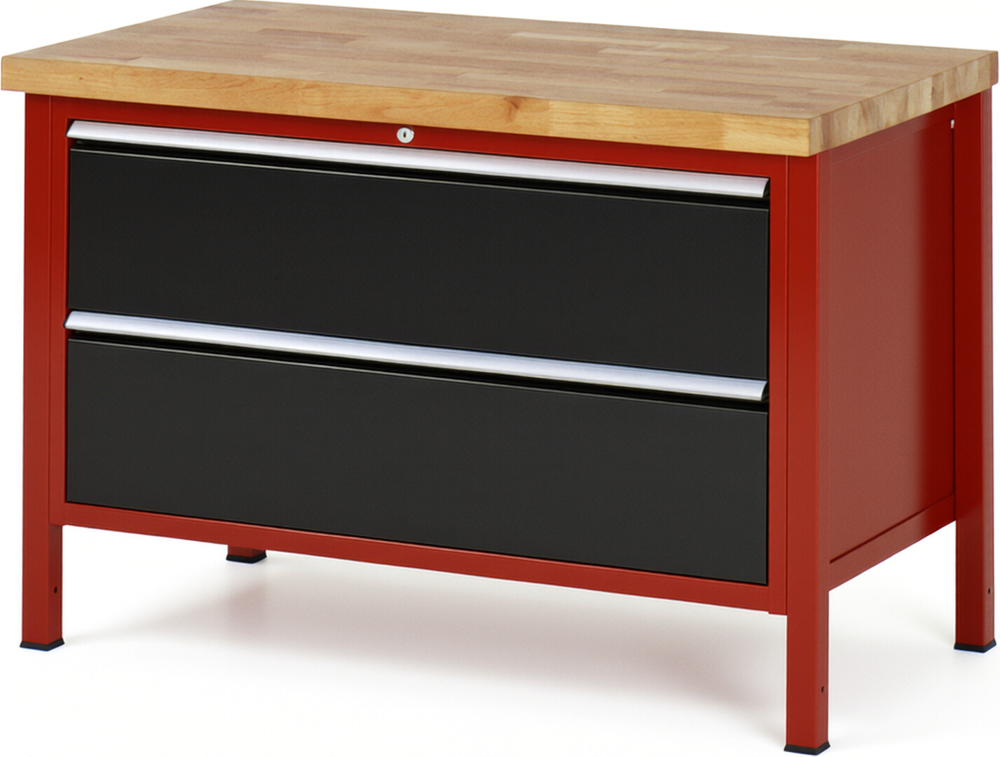 Werkbank Modell 8355 rot - schwarz, BxTxH 1250x700x840 mm,  Buche-Massiv Arbeitsplatte 40 mm,  2 Schubladen mit  Auszug 90 %