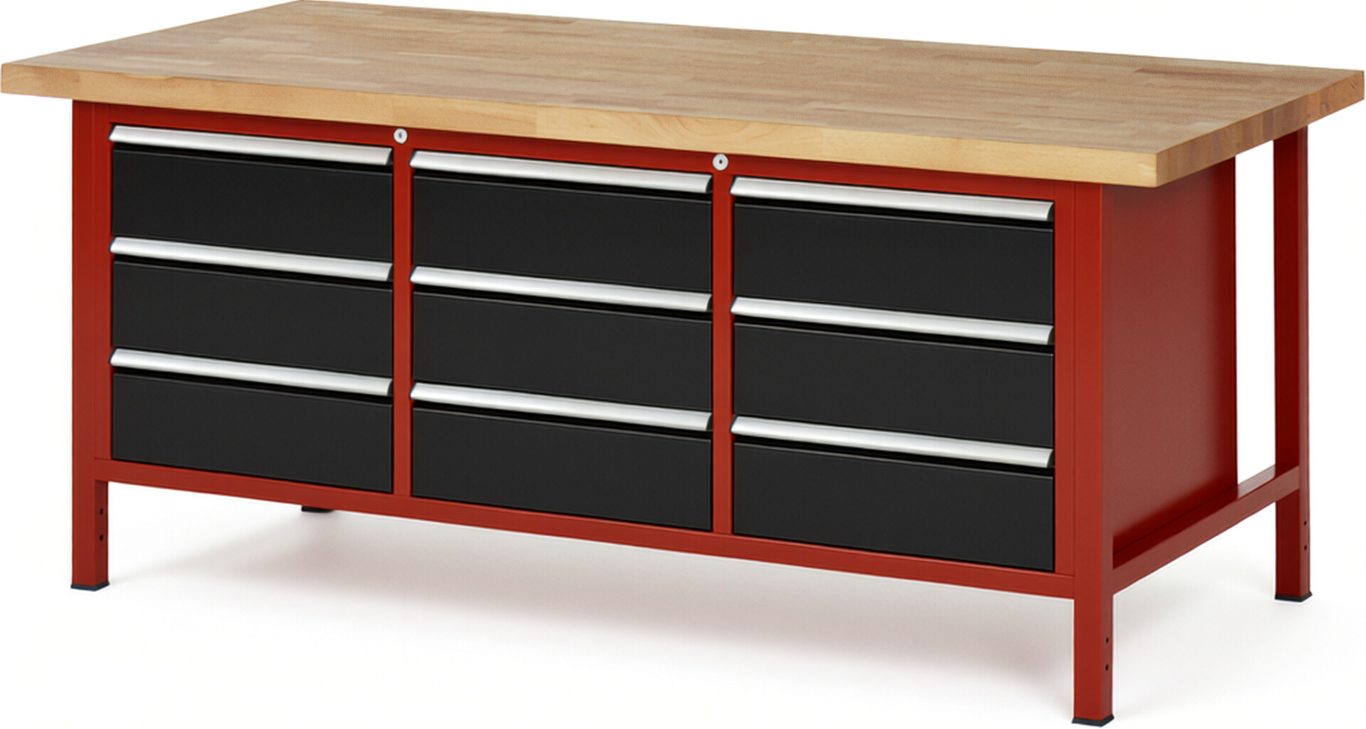 Werkbank Modell 8574 rot - schwarz, BxTxH 2000x900x840 mm,  Buche-Massiv Arbeitsplatte 40 mm,  9 Schubladen mit  Auszug 90 %