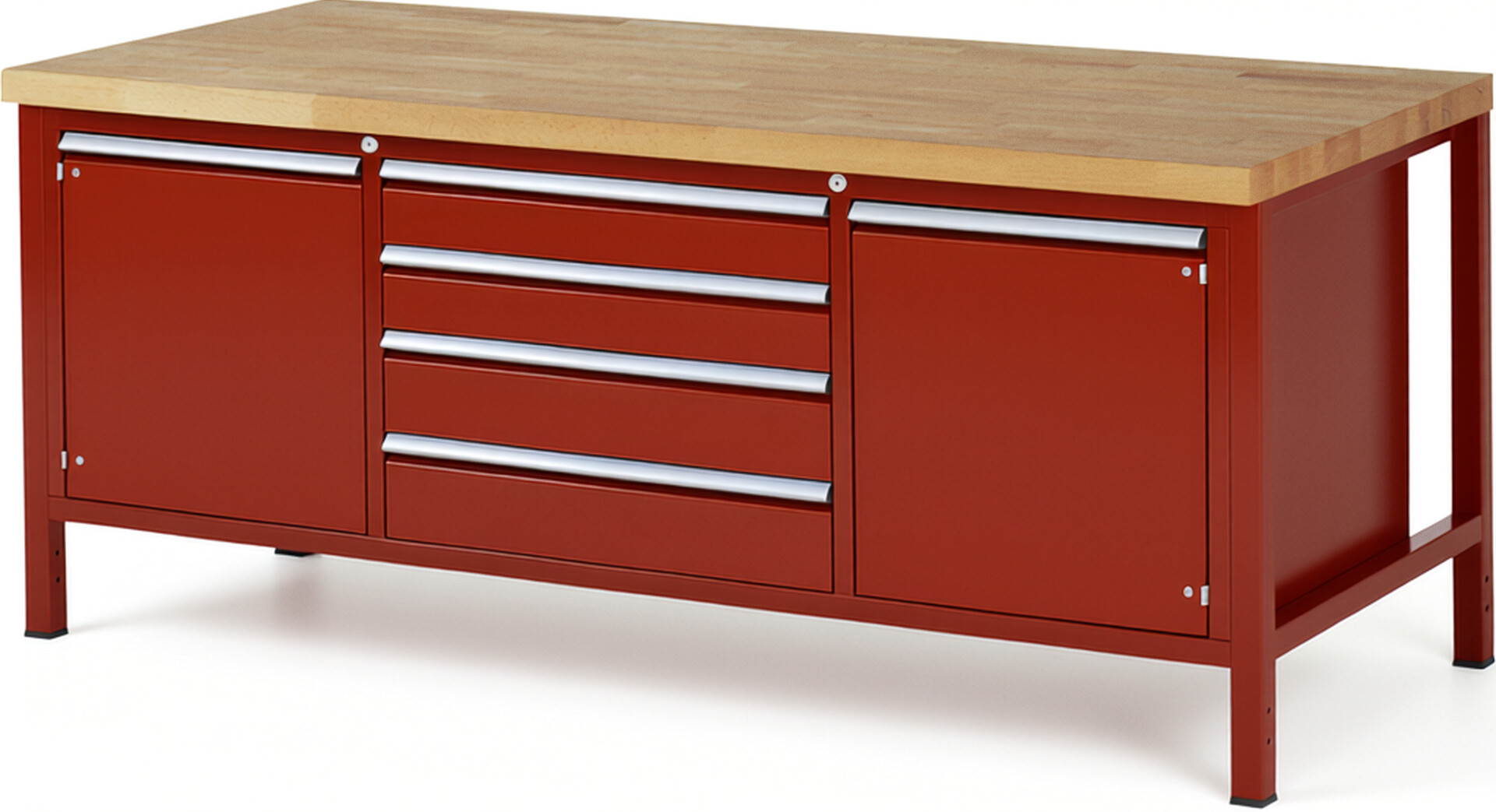 Werkbank Modell 8752 rot, BxTxH 2000x900x840-1040 mm,  Buche-Massiv Arbeitsplatte 40 mm,  4 Schubladen mit  Vollauszug 100 % und  SoftClosing