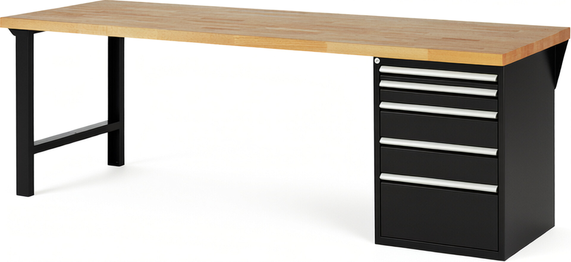 Werkbank Modell 7511 schwarz, BxTxH 2500x900x890 mm,  Buche-Massiv Arbeitsplatte 40 mm,  5 Schubladen mit  Auszug 90 %