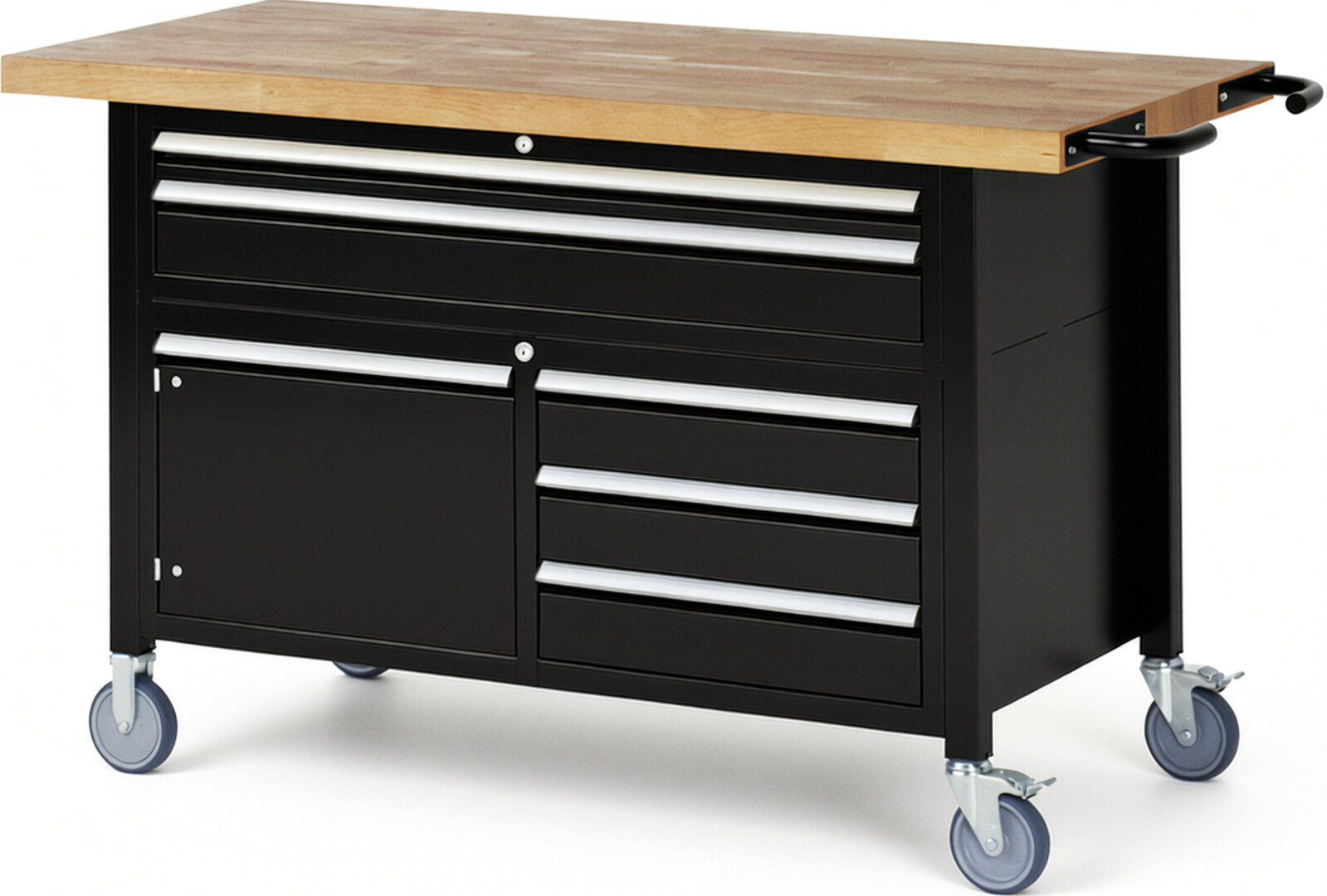 Fahrbare Werkbank Modell 8922 schwarz, BxTxH 1500x700x920-1120 mm,  Buche-Massiv Arbeitsplatte 40 mm,  5 Schubladen mit  Auszug 90 %