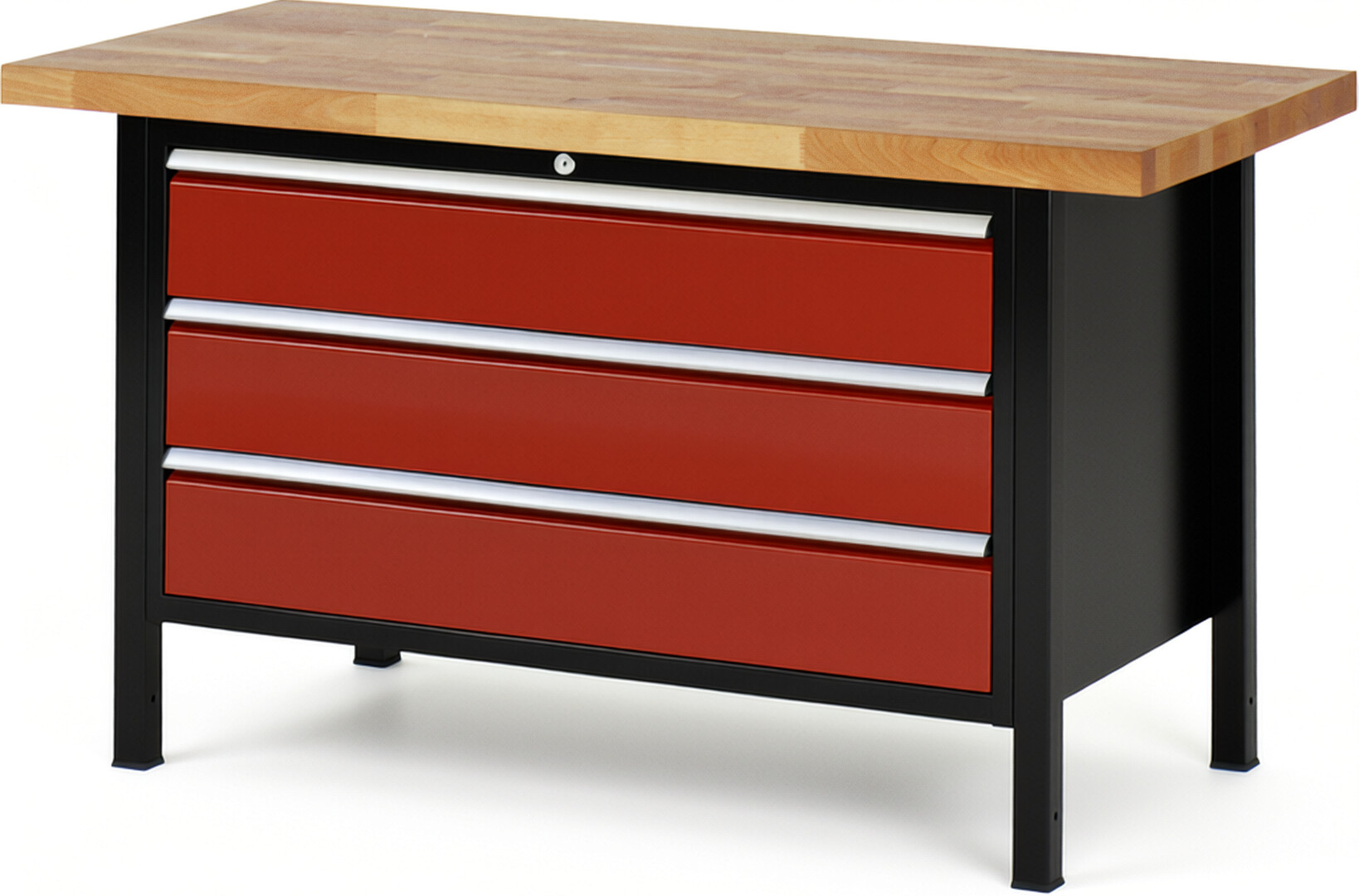 RAU Werkbank schwarz - rot - Breite 150 cm - Tiefe 70 cm - Höhe 104 cm - Buche-Massiv Arbeitsplatte 40 mm
