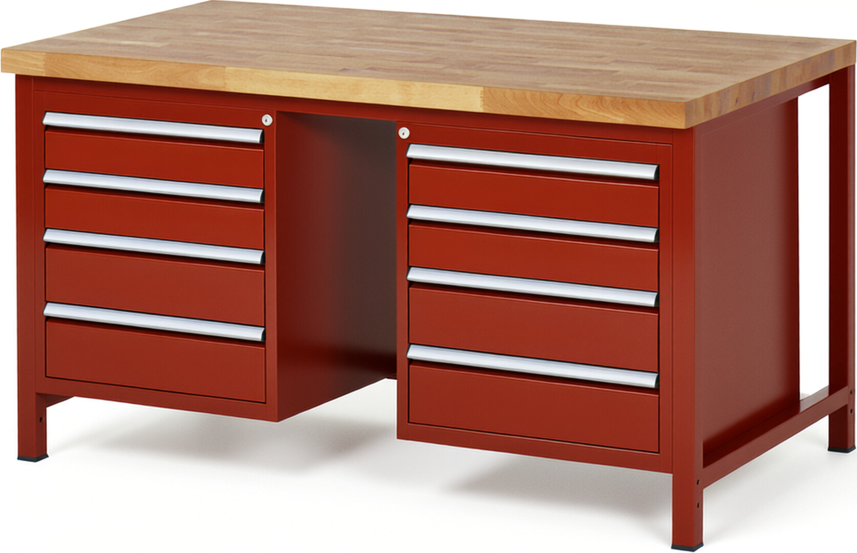 Werkbank Modell 8181 rot, BxTxH 1500x900x840-1040 mm,  Buche-Massiv Arbeitsplatte 40 mm,  8 Schubladen mit  Auszug 90 %