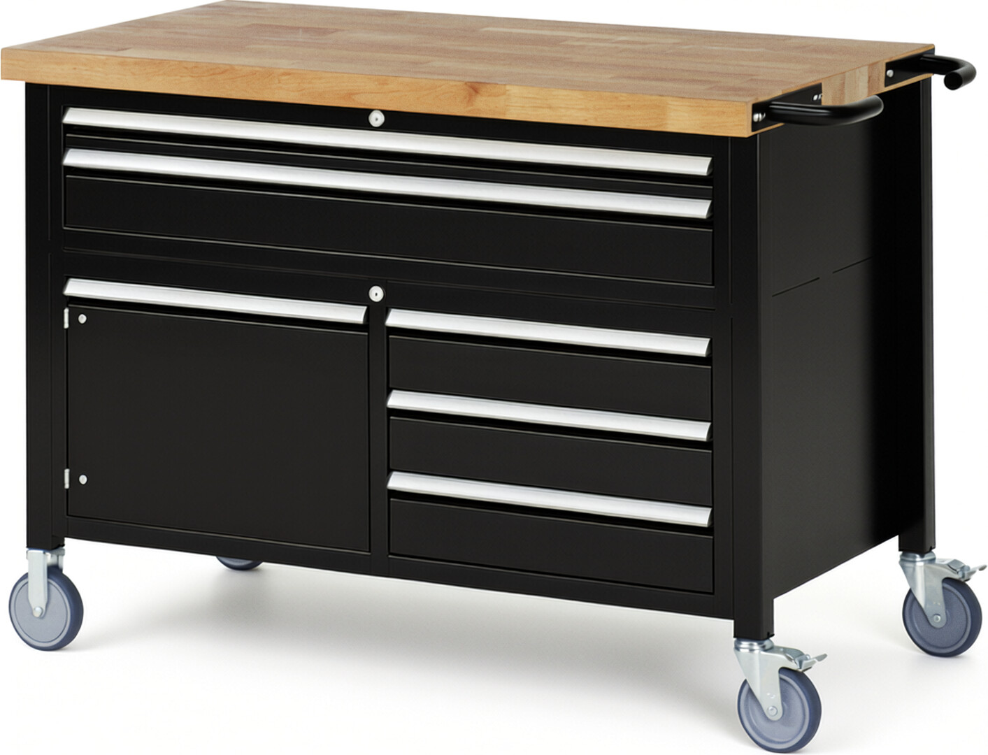 Fahrbare Werkbank Modell 8922 schwarz, BxTxH 1250x700x920-1120 mm,  Buche-Massiv Arbeitsplatte 40 mm,  5 Schubladen mit  Auszug 90 %