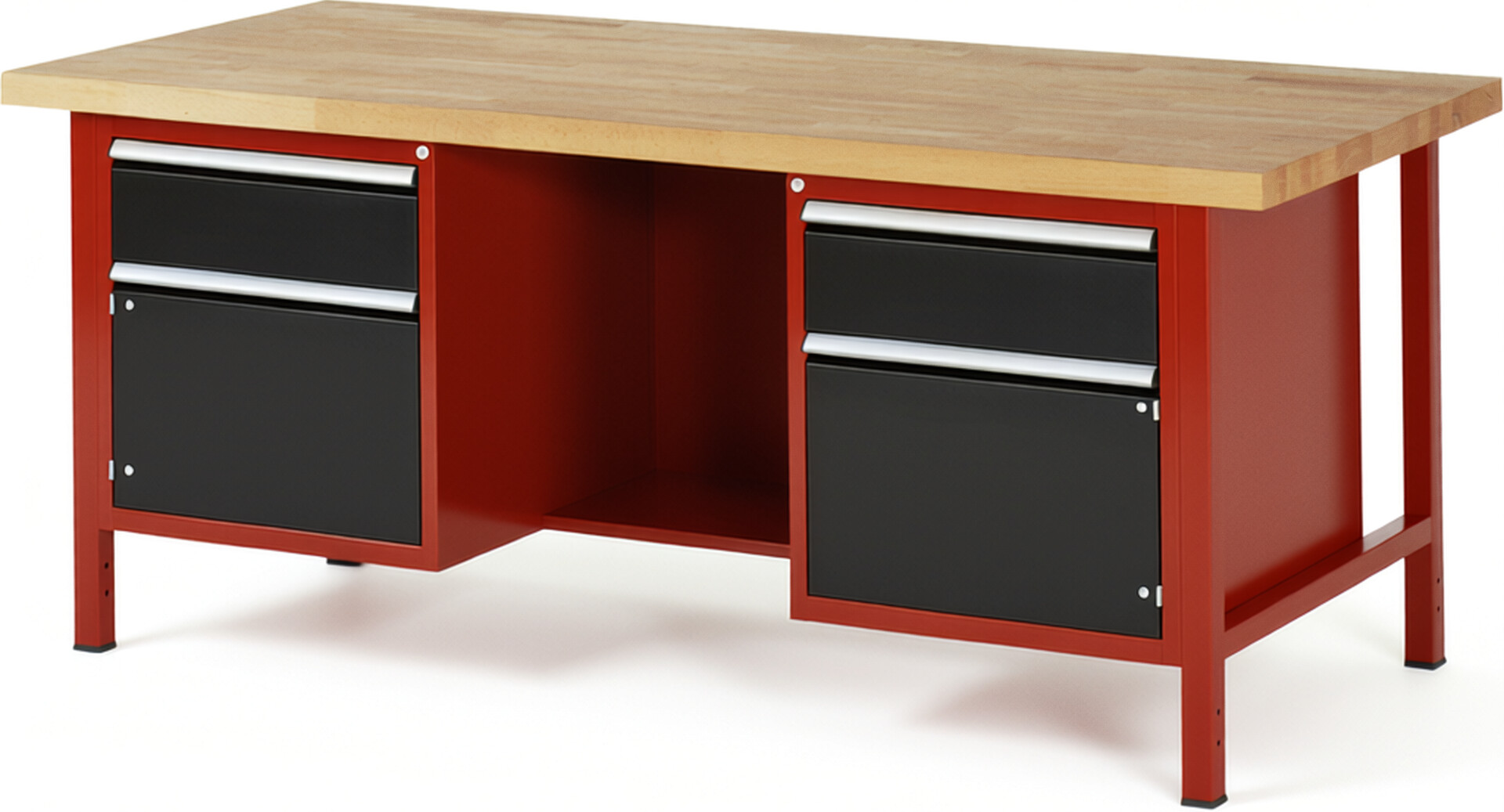 Werkbank Modell 8551 rot - schwarz, BxTxH 2000x900x840-1040 mm,  Buche-Massiv Arbeitsplatte 40 mm,  2 Schubladen mit  Vollauszug 100 % und  SoftClosing