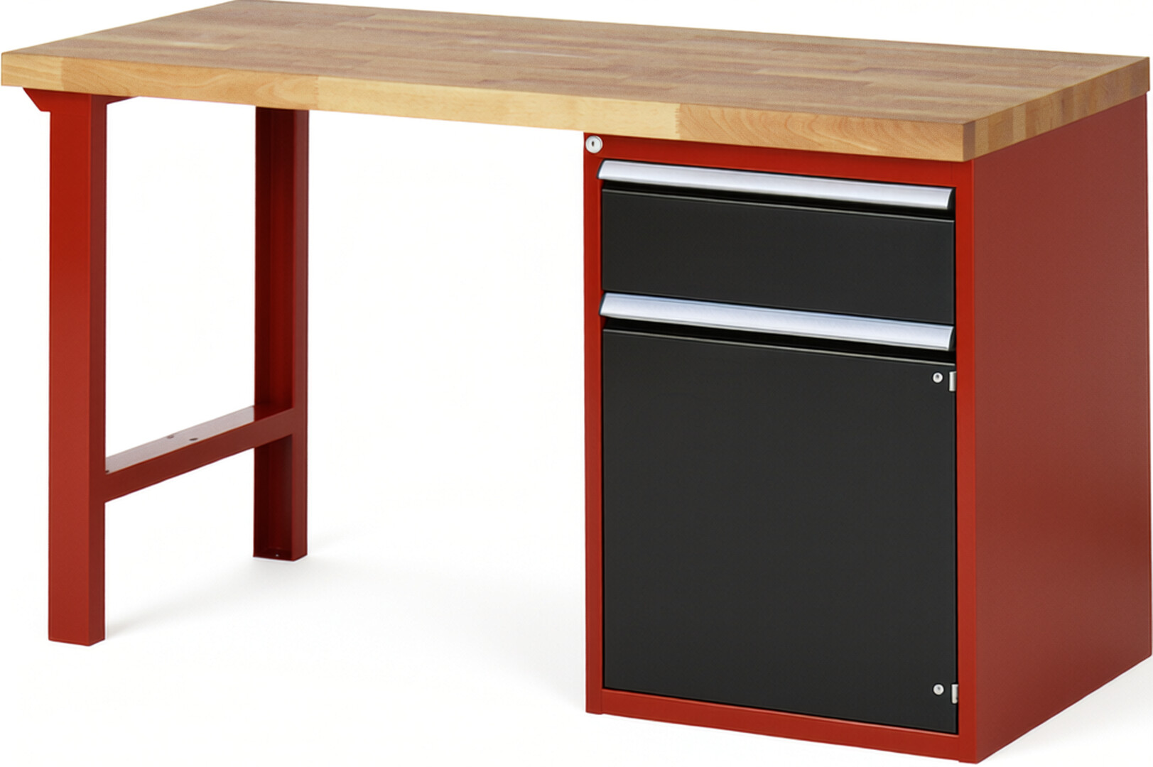 Werkbank Modell 7502 rot - schwarz, BxTxH 1500x700x890 mm,  Buche-Massiv Arbeitsplatte 40 mm,  1 Schublade mit  Auszug 90 %