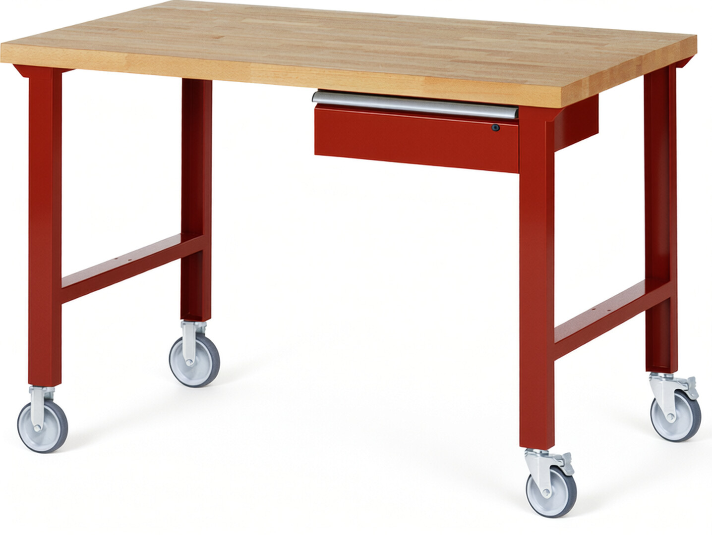 Fahrbare Werkbank Modell 7001 rot, BxTxH 1500x900x1000 mm,  Buche-Massiv Arbeitsplatte 40 mm,  1 Schublade mit  Auszug 90 %