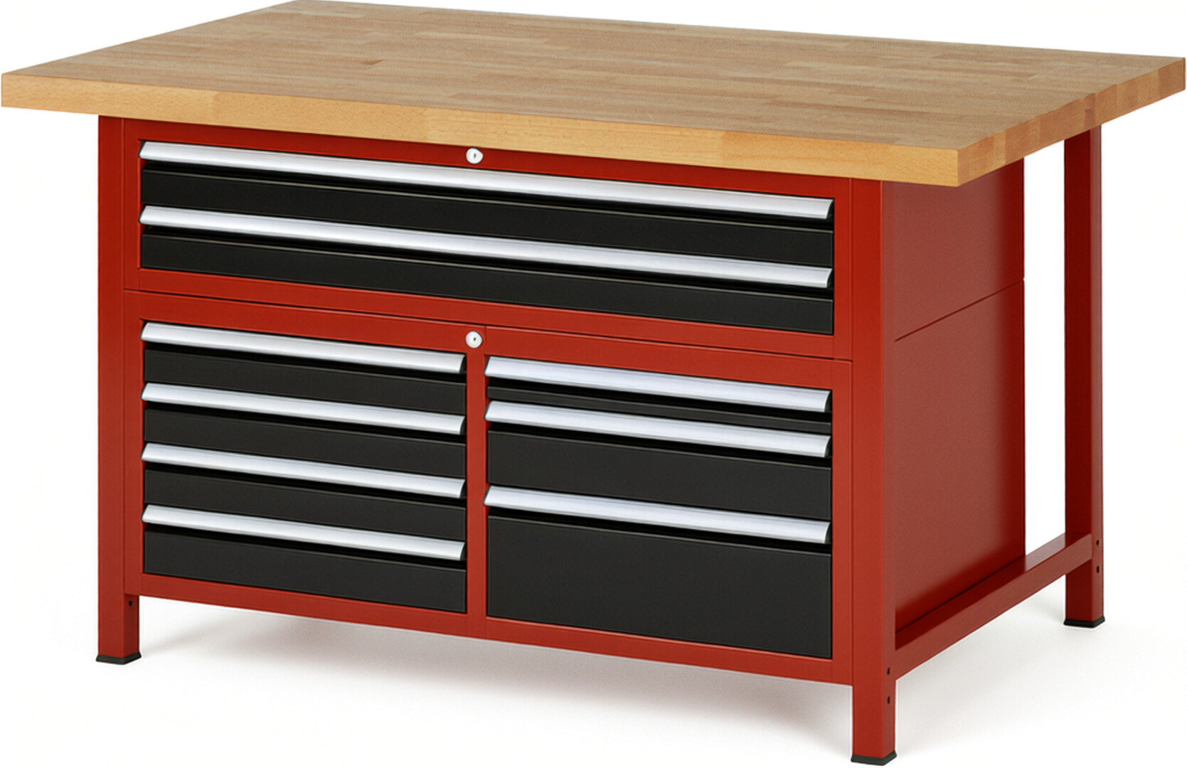 Werkbank Modell 8923 rot - schwarz, BxTxH 1500x900x840 mm,  Buche-Massiv Arbeitsplatte 40 mm,  9 Schubladen mit  Vollauszug 100 % und  SoftClosing