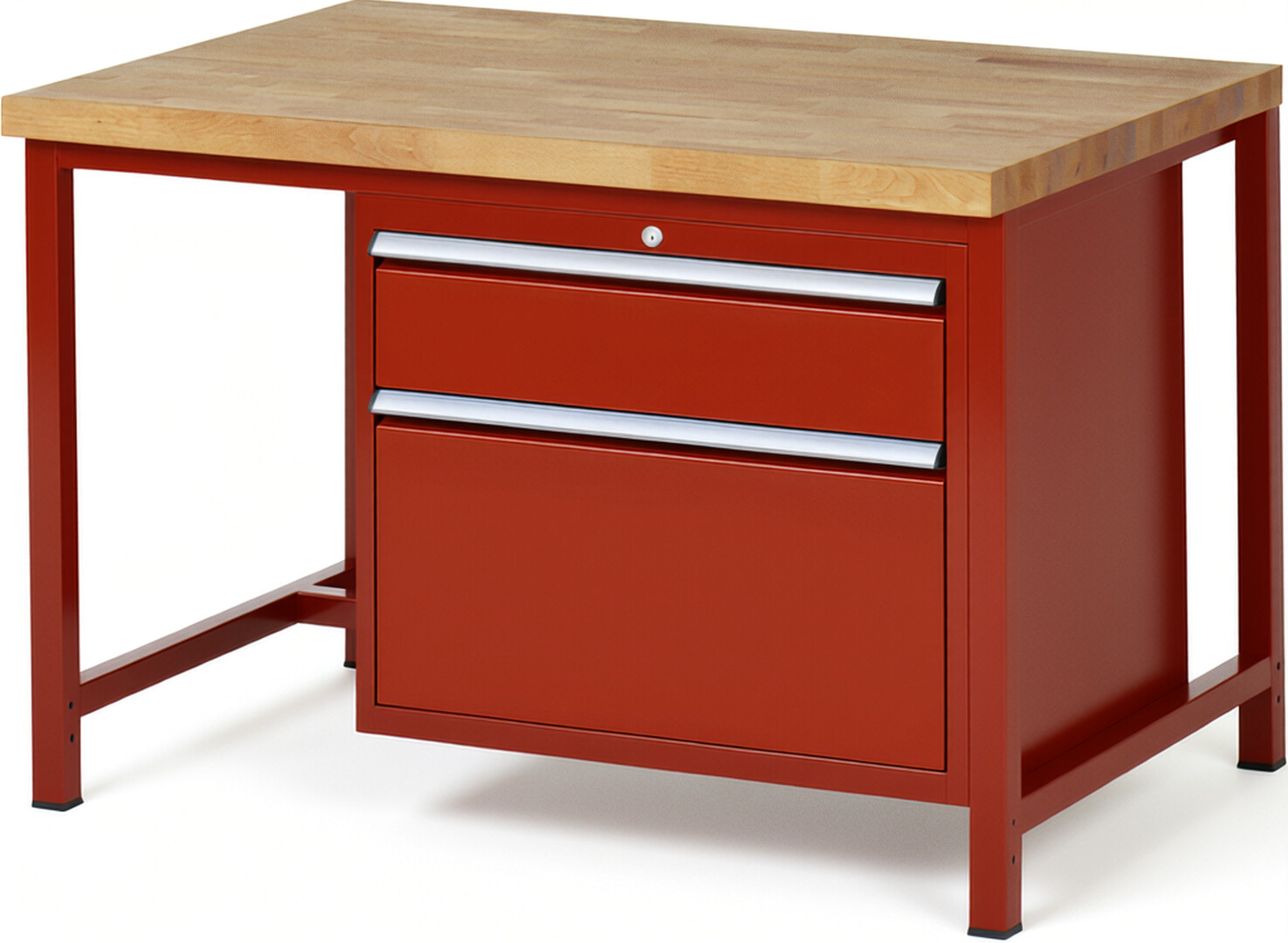 Werkbank Modell 8256 rot, BxTxH 1250x900x840-1040 mm,  Buche-Massiv Arbeitsplatte 40 mm,  2 Schubladen mit  Vollauszug 100 % und  SoftClosing