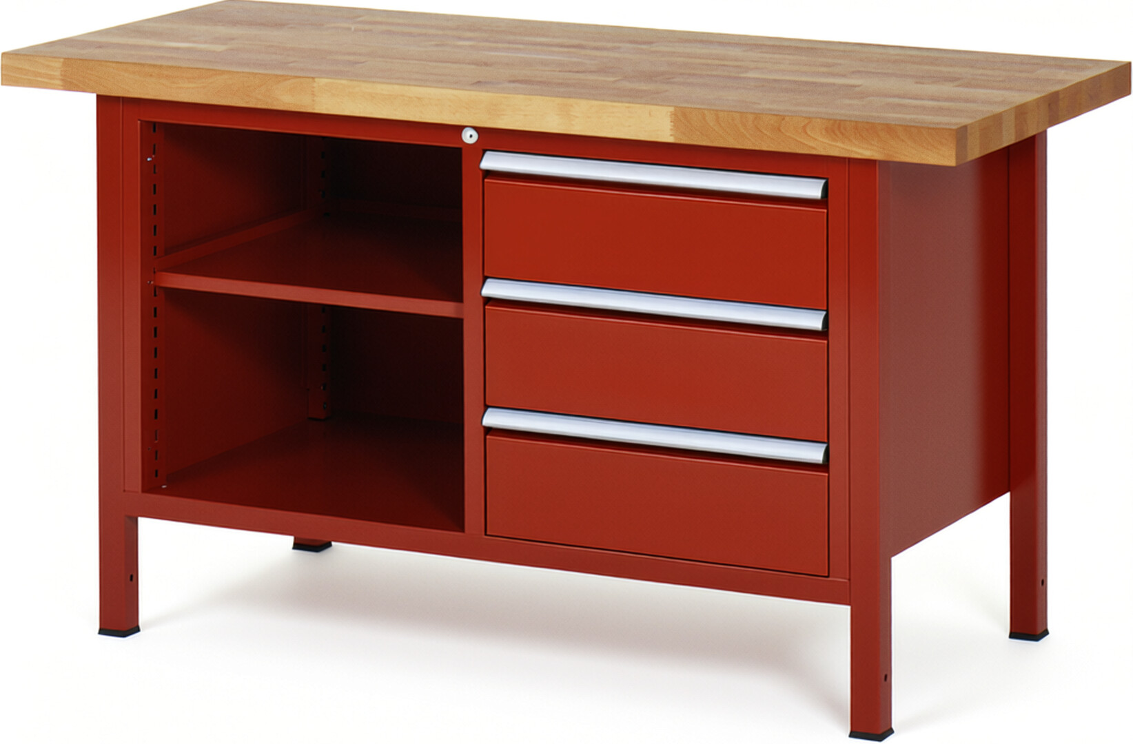 Werkbank Modell 8462 rot, BxTxH 1500x700x840-1040 mm,  Buche-Massiv Arbeitsplatte 40 mm,  3 Schubladen mit  Auszug 90 %