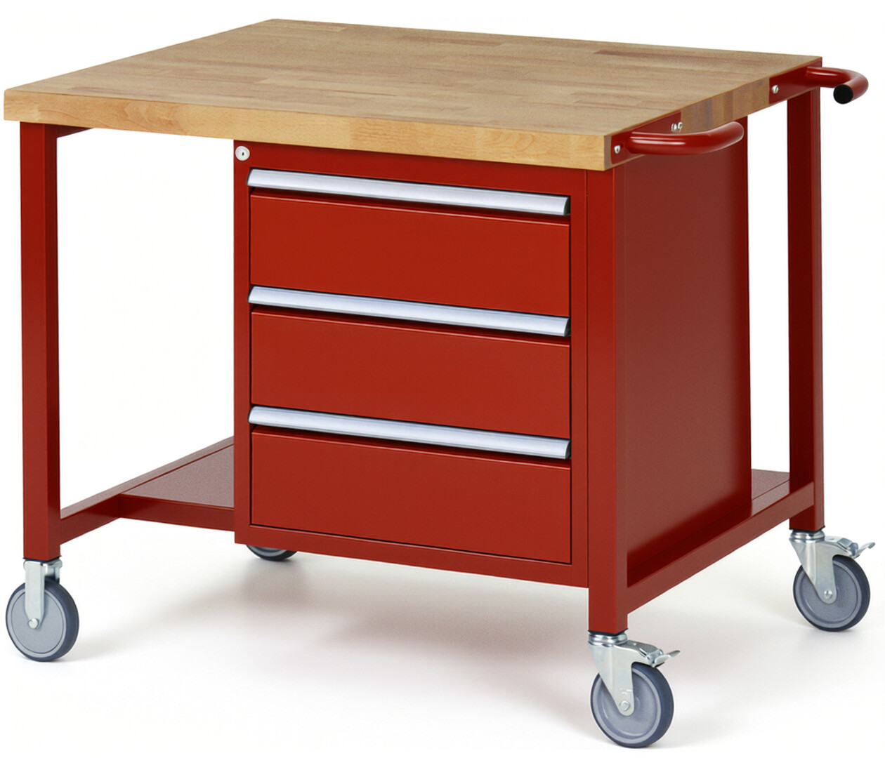 Fahrbare Werkbank Modell 8157 rot, BxTxH 1000x900x880 mm,  Buche-Massiv Arbeitsplatte 40 mm,  3 Schubladen mit  Auszug 90 %