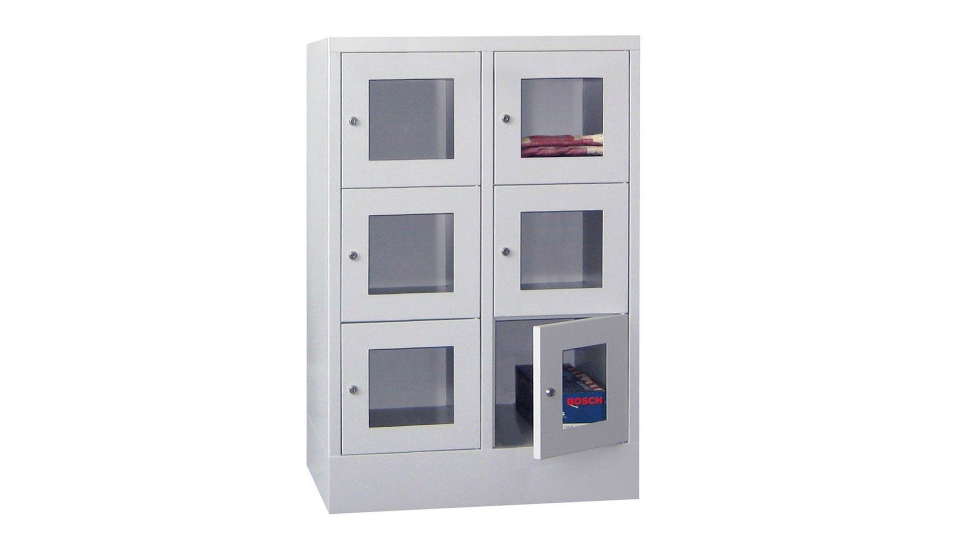 Fächerschränke mit Sichtfenstertüren, Breite 80 cm, Höhe 118,7 cm, Tiefe 50 cm, 2x3 Fächer