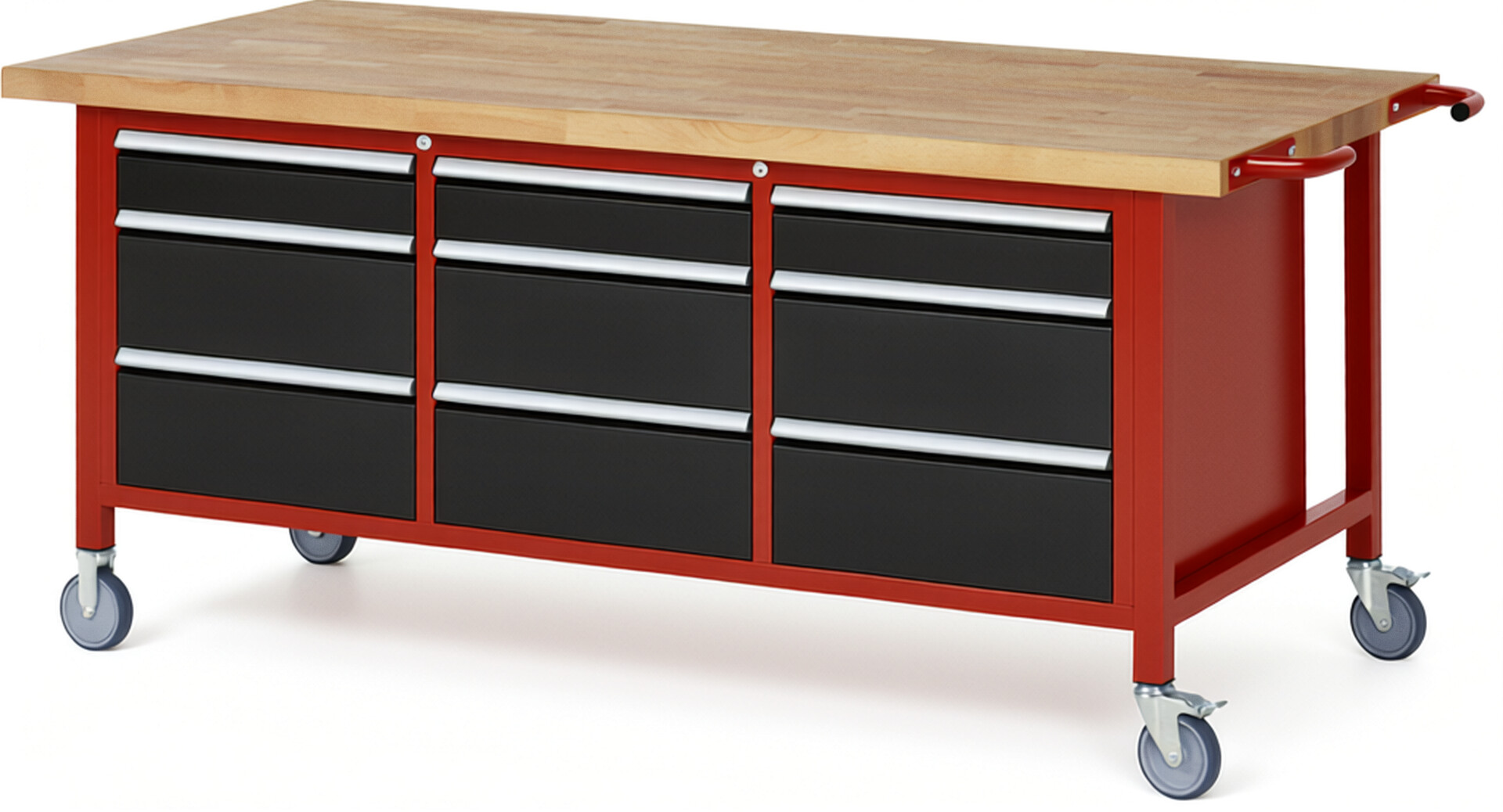 Fahrbare Werkbank Modell 8573 rot - schwarz, BxTxH 2000x900x880 mm,  Buche-Massiv Arbeitsplatte 40 mm,  9 Schubladen mit  Auszug 90 %