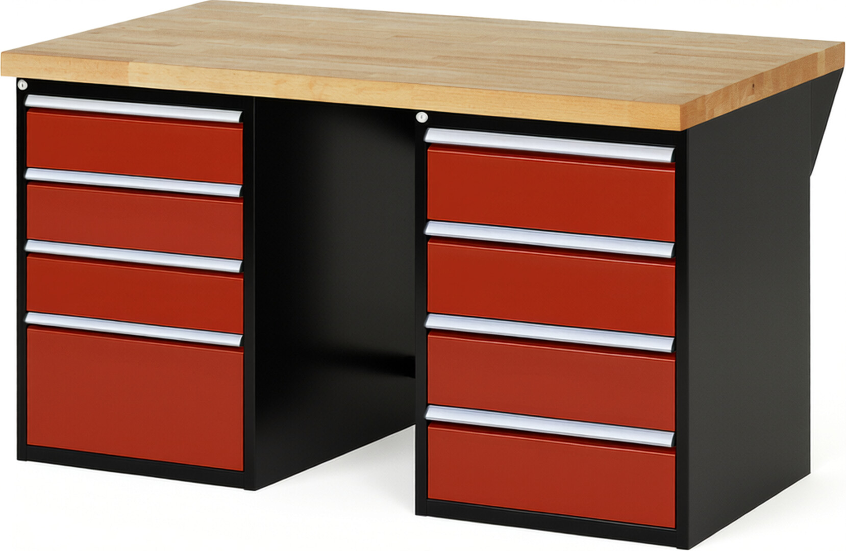 RAU Werkbank schwarz - rot - Breite 150 cm - Tiefe 90 cm - Höhe 89 cm - Buche-Massiv Arbeitsplatte 40 mm