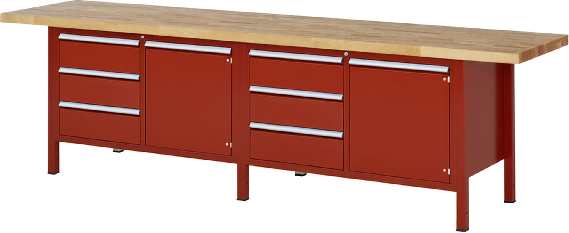 Werkbank Modell 8468 rot, BxTxH 3000x700x840-1040 mm,  Buche-Massiv Arbeitsplatte 40 mm,  6 Schubladen mit  Auszug 90 %