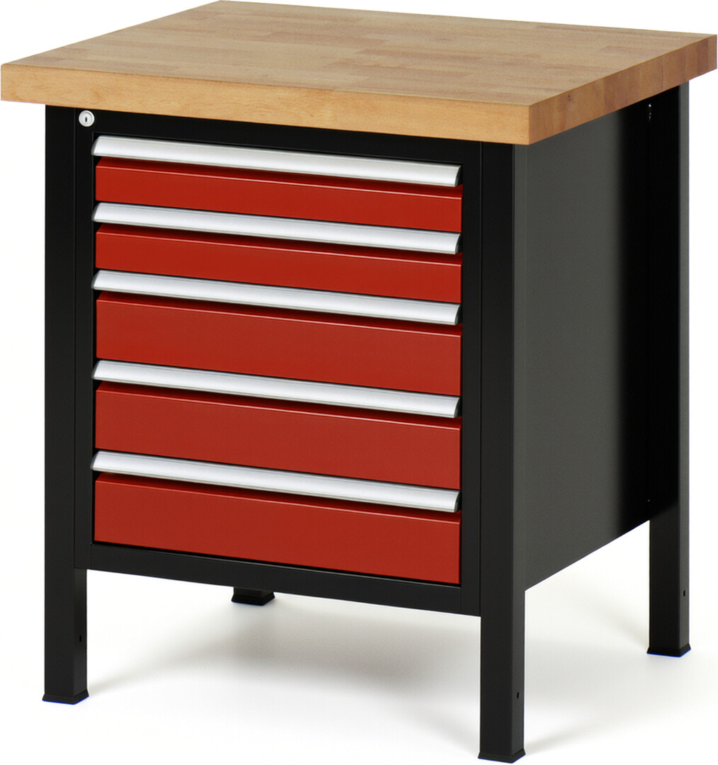 RAU Werkbank schwarz - rot - Breite 75 cm - Tiefe 70 cm - Höhe 104 cm - Buche-Massiv Arbeitsplatte 40 mm