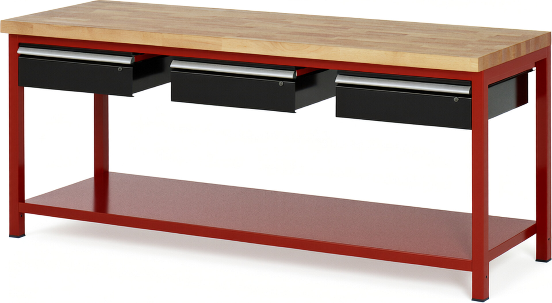 Werkbank Modell 8003 rot - schwarz, BxTxH 2000x700x840 mm,  Buche-Massiv Arbeitsplatte 40 mm,  3 Schubladen mit  Auszug 90 %