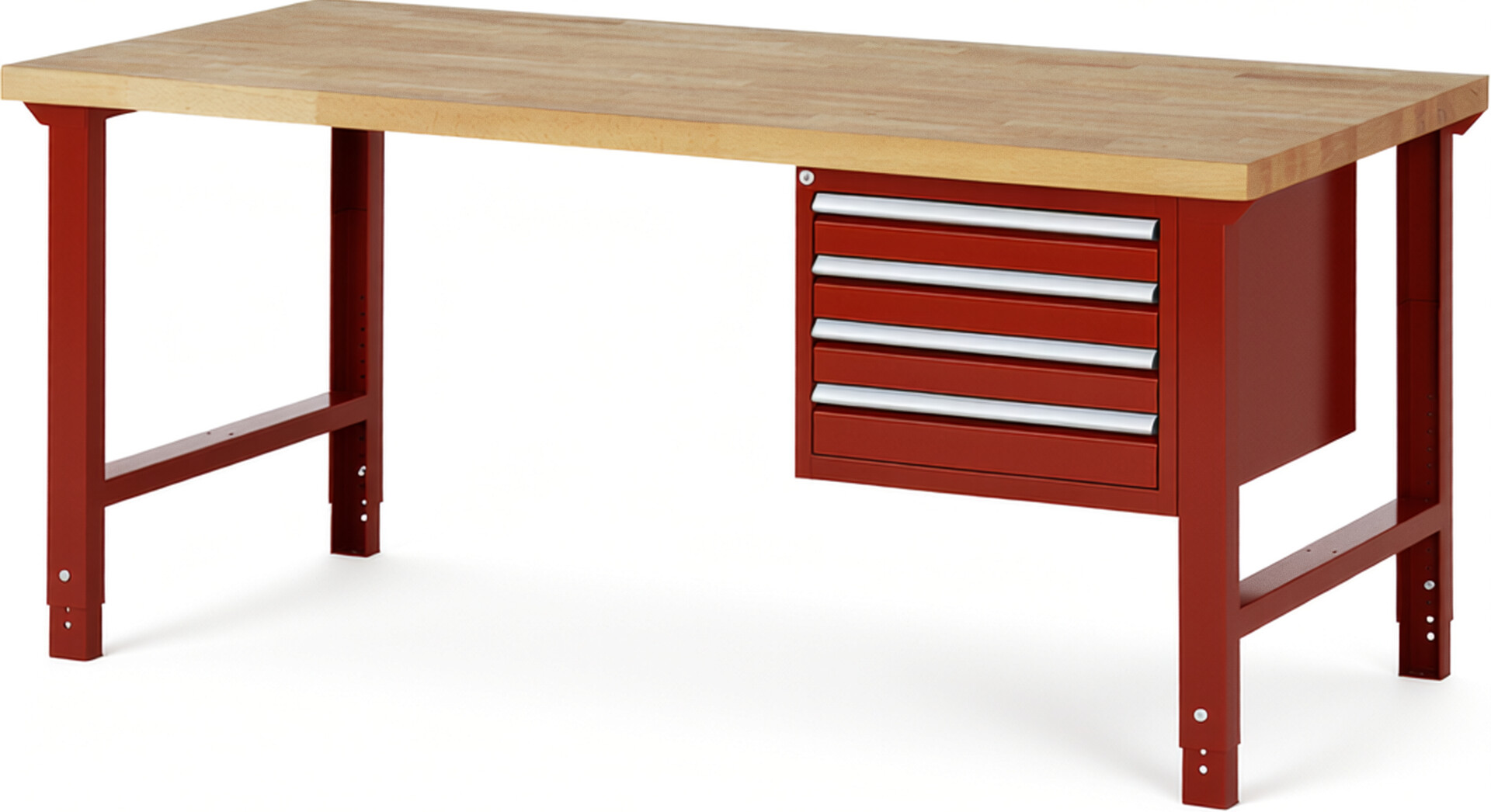 Werkbank Modell 7133 rot, BxTxH 2000x900x790-1140 mm,  Buche-Massiv Arbeitsplatte 40 mm,  4 Schubladen mit  Vollauszug 100 % und  SoftClosing
